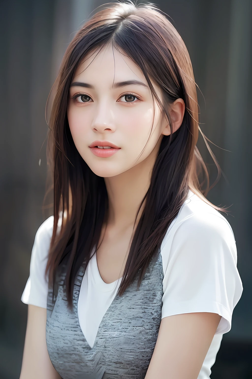 dressed, (photo realistic:1.4), (hyper realistic:1.4), (realistic:1.3),
(smoother lighting:1.05), (increase cinematic lighting quality:0.9), 32K,
1girl,20yo girl, realistic lighting, backlighting, light on face, ray trace, (brightening light:1.2), (Increase quality:1.4),
(best quality real texture skin:1.4), finely detailed eyes, finely detailed face, finely quality eyes,
(tired and sleepy and satisfied:0.0), face closeup, t-shirts,
(Increase body line mood:1.1), (Increase skin texture beauty:1.1)