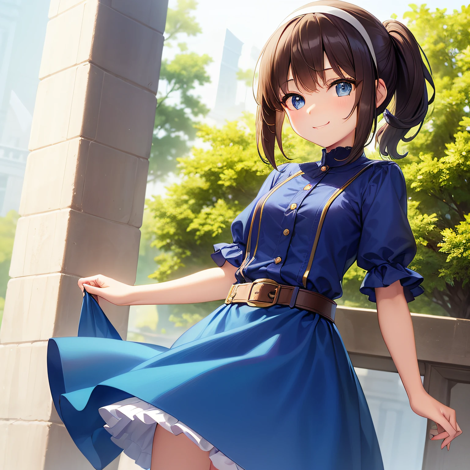 top-quality、extremely delicate and beautiful、Teen Girls、small tits、((((Solo Girl))))、11years old  girl、(dark brown hair)、Blue clothes with vertical buttons、Belt at waist、White skirt、(((poneyTail)))、(white hairband)、(Brown boots)、blue eyess、is standing、A smile、