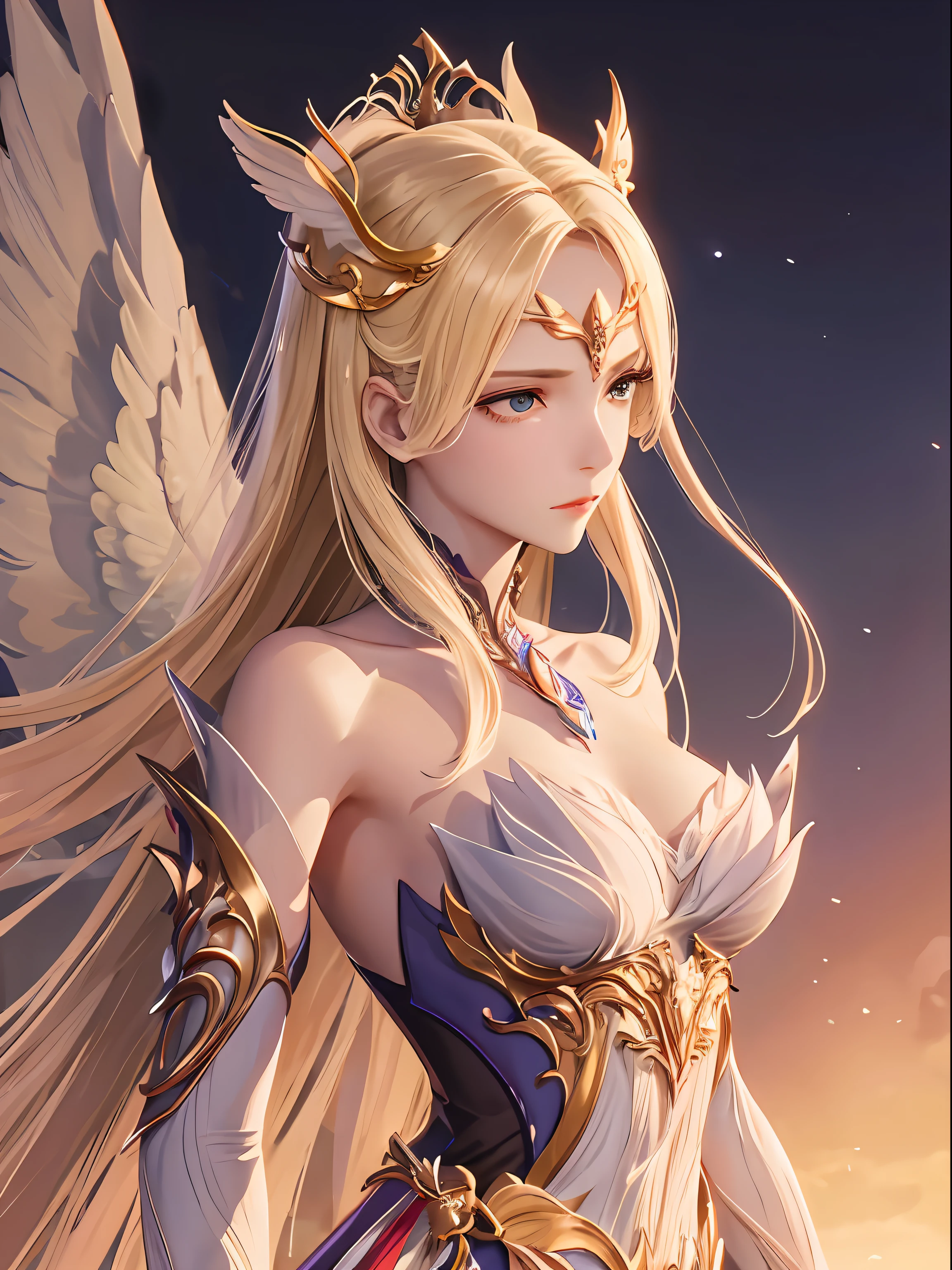 meticuloso、Wonderful、Perfect CG unity 8k wallpaper，High-quality depiction、The colors are pure and elegant，Exceptionally beautiful，Royal Sister，delicated、Dynamic Angle，moisty、Water droplets, Water mist、rays of moonlight、Colorful light，Highlight yellow hair、Fair-skinned angel goddess Senyuki，the angel's wings，Empty palace，eventide，Delicate facial features