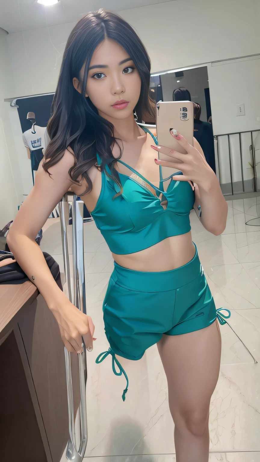 There is a single-legged amputee woman wearing a green bikini top taking a selfie with a cane, with teal clothes, wearing two - piece swimsuit, Green swimsuit, taken in 2 0 2 0, wearing leather swim suite, Sexy :8, very sexy outfit, crop top and shorts, short body, Sexy look, Bra and shorts streetwear, spellbinding，spellbinding, sport bra and shorts