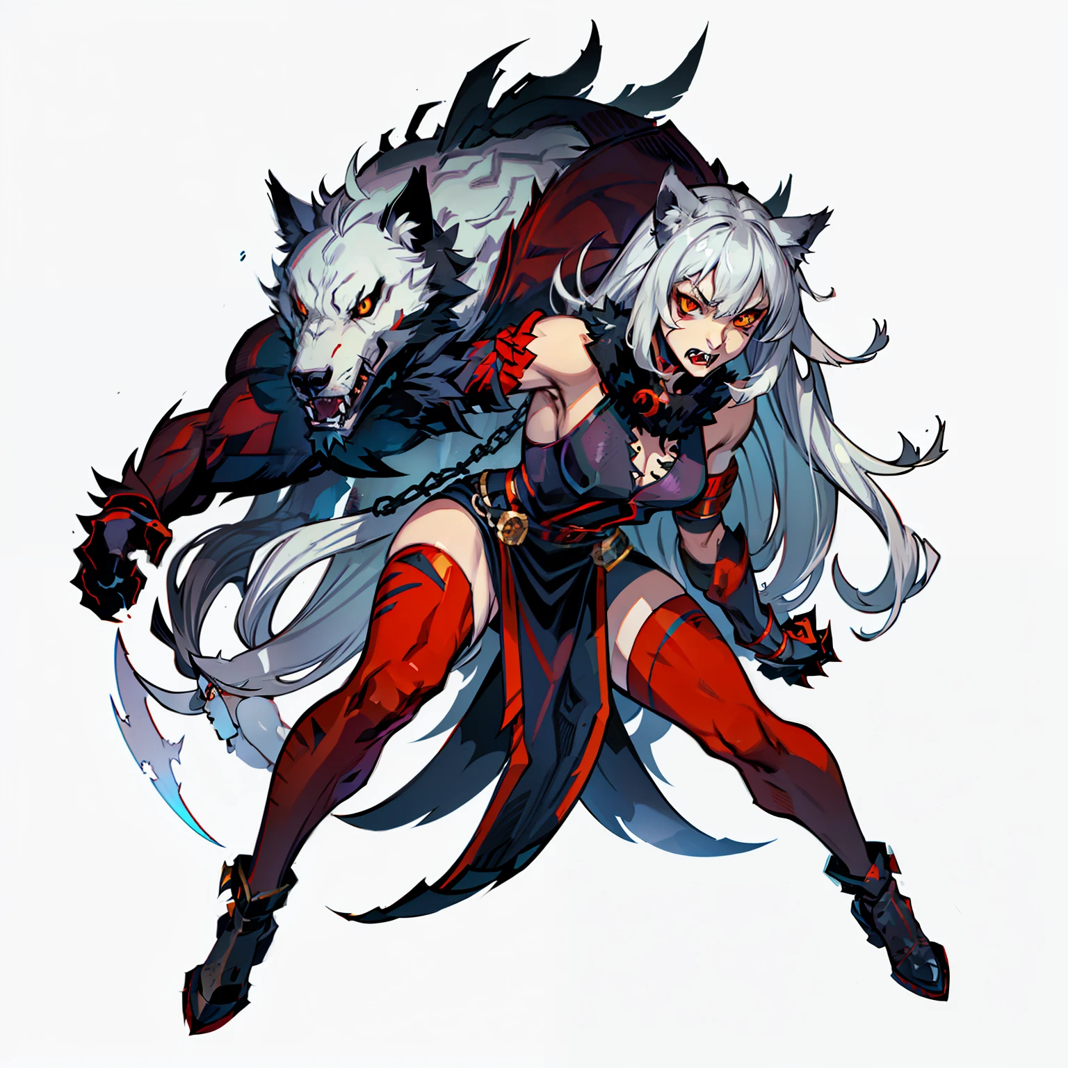 Wolf Maiden, greys, Wolf fur coat, Red paint around the eyes, Yellow eyeball, Sharp fangs, sharp claws, Full body shot, White background, No background, Female, sad Facial expression, 1 Person,
