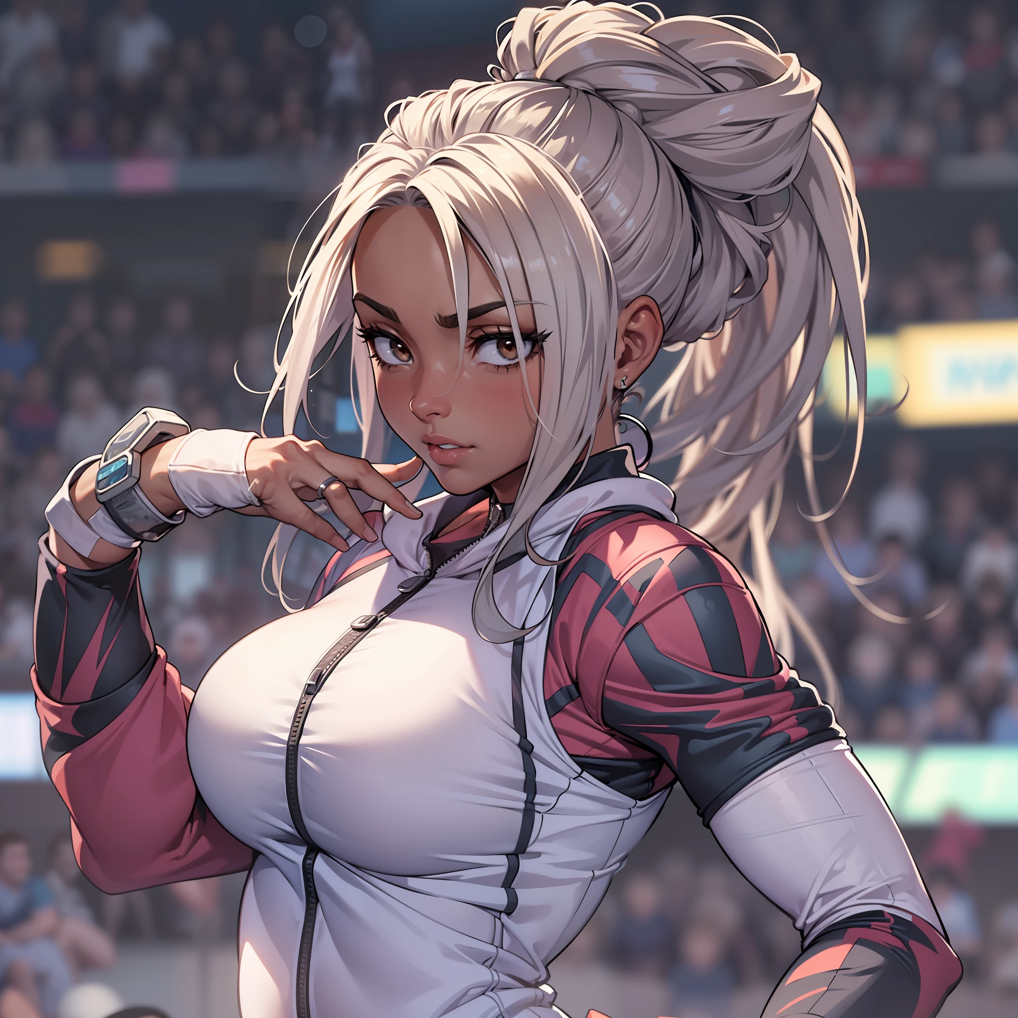 (perfect anatomy), (sports body), (big breastes), (thick-thighs), (perfect arms), (tracksuit ), Pointed bracelets, looking a viewer, (Medium full-frame photography), (Background of the battle arena), (White dreadlocks