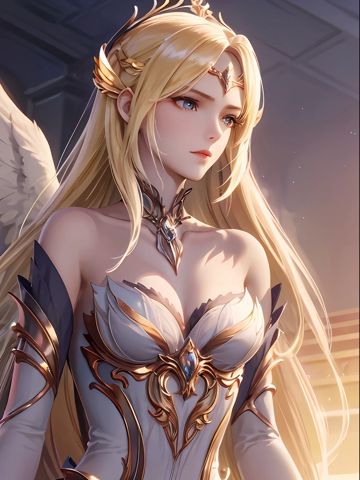 meticuloso、Wonderful、Perfect CG unity 8k wallpaper,High-quality depiction、The colors are pure and elegant,Exceptionally beautiful,Royal Sister,delicated、Dynamic Angle,moisty、Water droplets, Water mist、rays of moonlight、Colorful light,Highlight yellow hair、Fair-skinned angel goddess Senyuki,the angel's wings,Empty palace,eventide,Delicate facial features