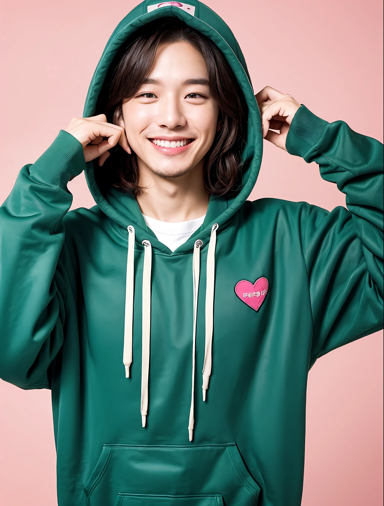 A Korean boy in a hoodie, Kim Doyoung, precise jimin guy, smiling nright, pink background, pink photo background, park jimin, he is smiling, his name is greenish, ((saturated)), in a hoodie, hyung tae, jimin, wearing a hood and flowers, Jungkook taeyang Jimim, 1 boy, 1 man, Korean male man, Korean male man, Korean alone, solo,  alone