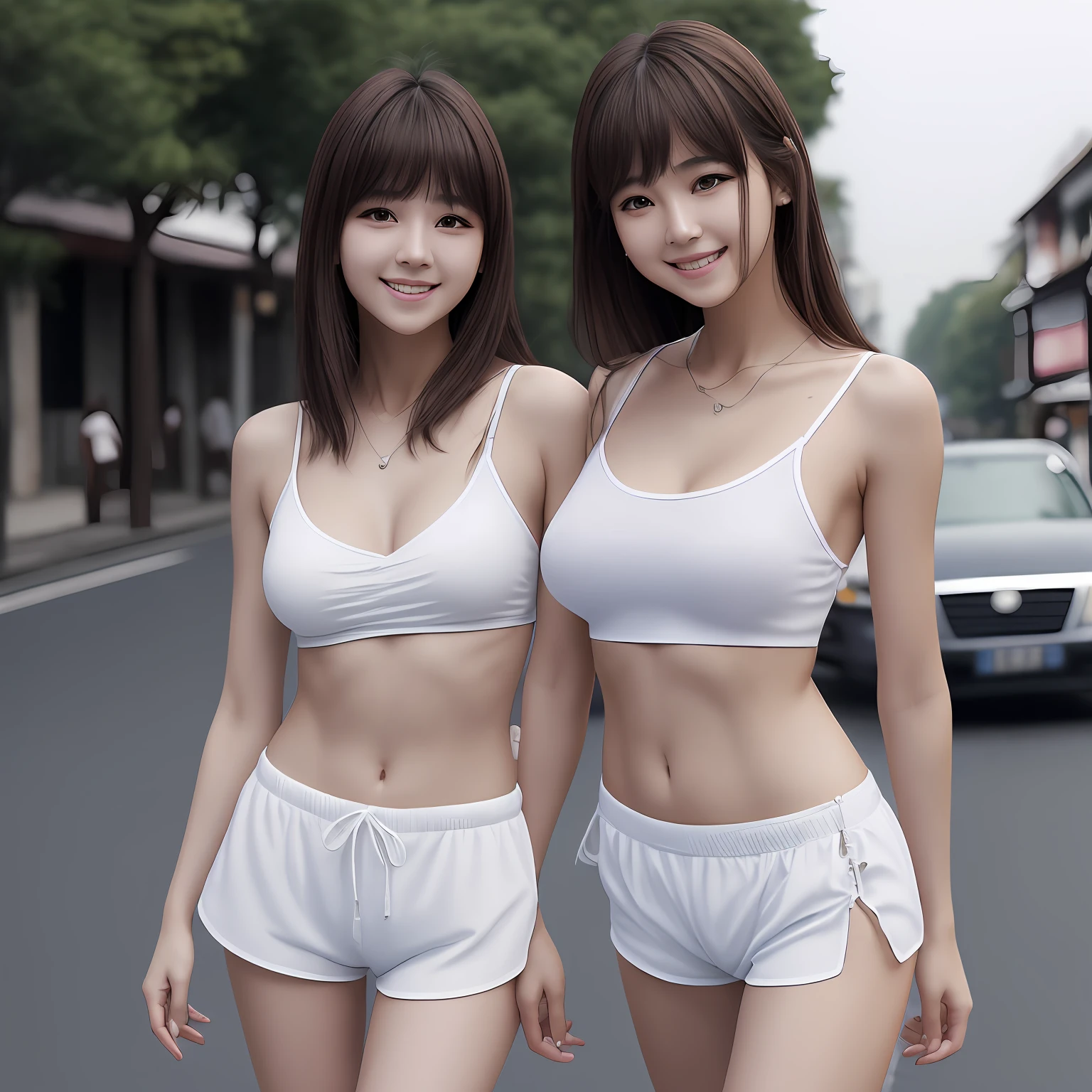 top-quality、from bottom、(mature27Talented Woman)、A tall8Head and body woman、(Short white slip)、Long hair bangs curly、(Brown hair color)、超A high resolution、(Photorealsitic:1.4)、Lovely mature lady、mature27Talented Woman、Pink puffy、NSFW、、(KPOP Idol)、White slip with thin armpit cord、Short white slip、a navel、(White boyish shorts)、Small boyish shorts、A lively smile、Cheerful smile、cute little、full bodyesbian、Background Street、naturey、Peaceful neighborhood、sunlights、From bottom、 --auto