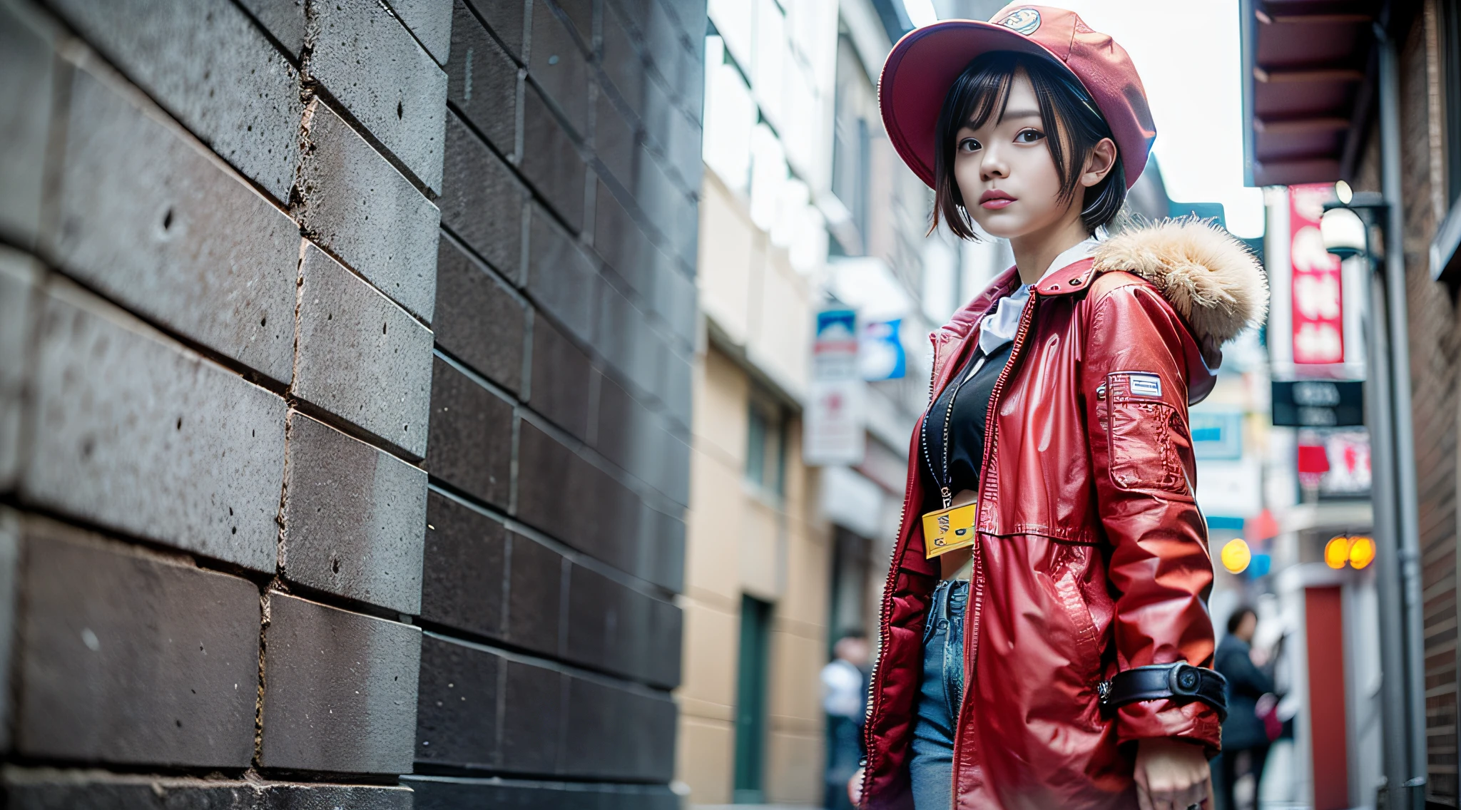 top-quality、a picture、(Photorealsitic:1.4)、(hyper realisitic:1.4)、(Cinematic:1.5)、portlate、Beautuful Women、25 only、japanes、short-hair、Red coat、(beautiful and delicate face)、High-quality eyes、Luminescent white walkway、Cities of the near future、cool light、Looking up、Against this background、canon:24mm,
