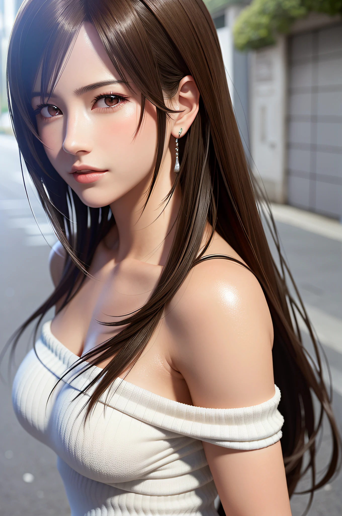 (Top Quality, Masterpiece: 1.1), (Real: 1.4), BREAK (((FF7))) (((Tifa))),(1Girl:1.2),Ultra-detailed face, Detailed eyes,((Light Brown Hair, Large breasts: 1.2)), BREAK (((FF7))) (((Tifa))),((shibuya,street,summer),(sweat:1.2,perspired:1.2),Beautiful clavicle, (girl wearing off-shoulder baggy summer knit,bare shoulders, bare neck), BREAK (shiny oiled skin: 1.4), about 18 years old,sexy pose