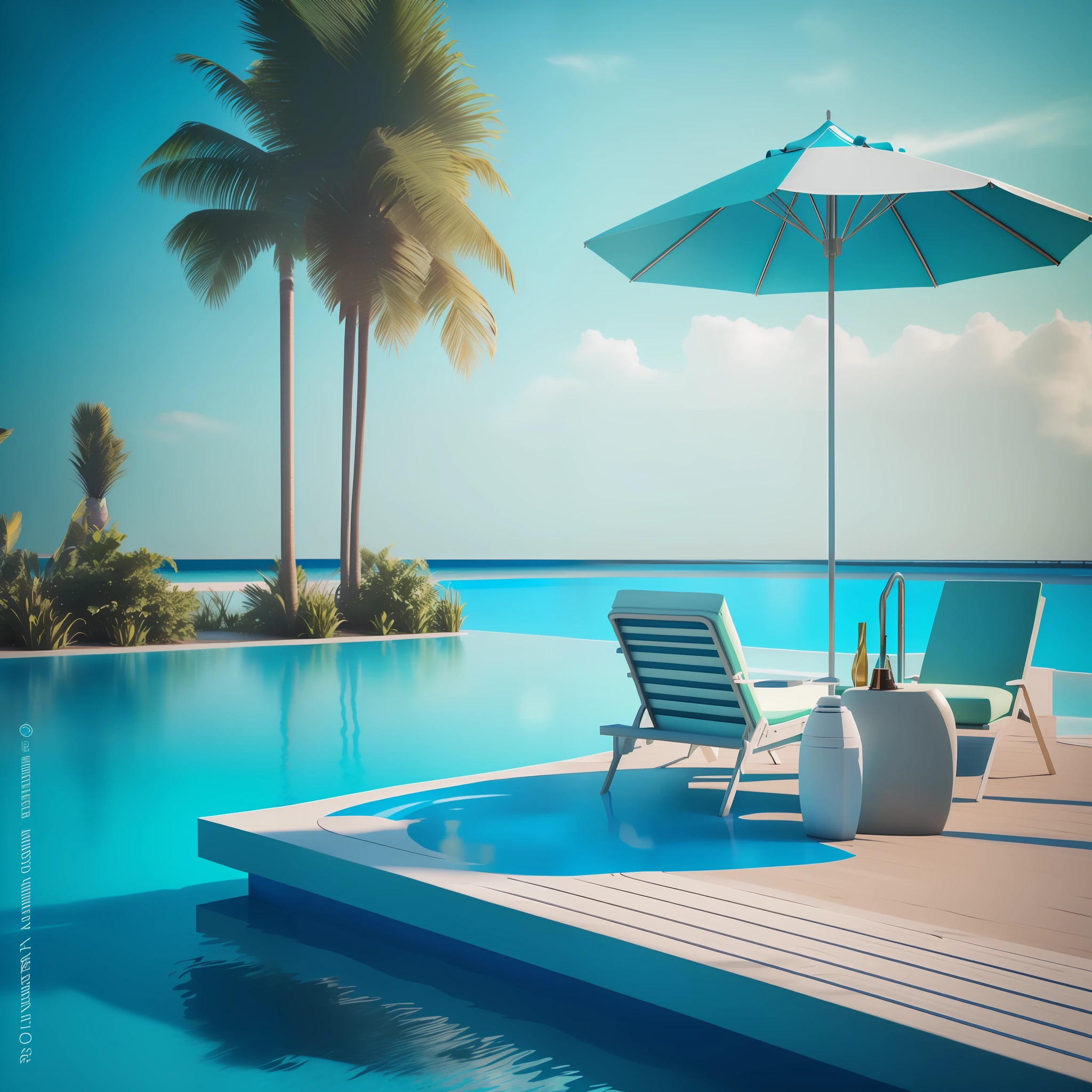 There is a swimming pool with two chairs and an umbrella next to the water, ao lado de uma piscina tropical, azul realista 3 d render, high quality 3d render, high quality 3d render, paradise in the background, a photorealistic rendering, piscina tropical, Beautiful 3D rendering, beautiful render of a landscape, high definition 3 d render, 3 d render fotorrealista --auto