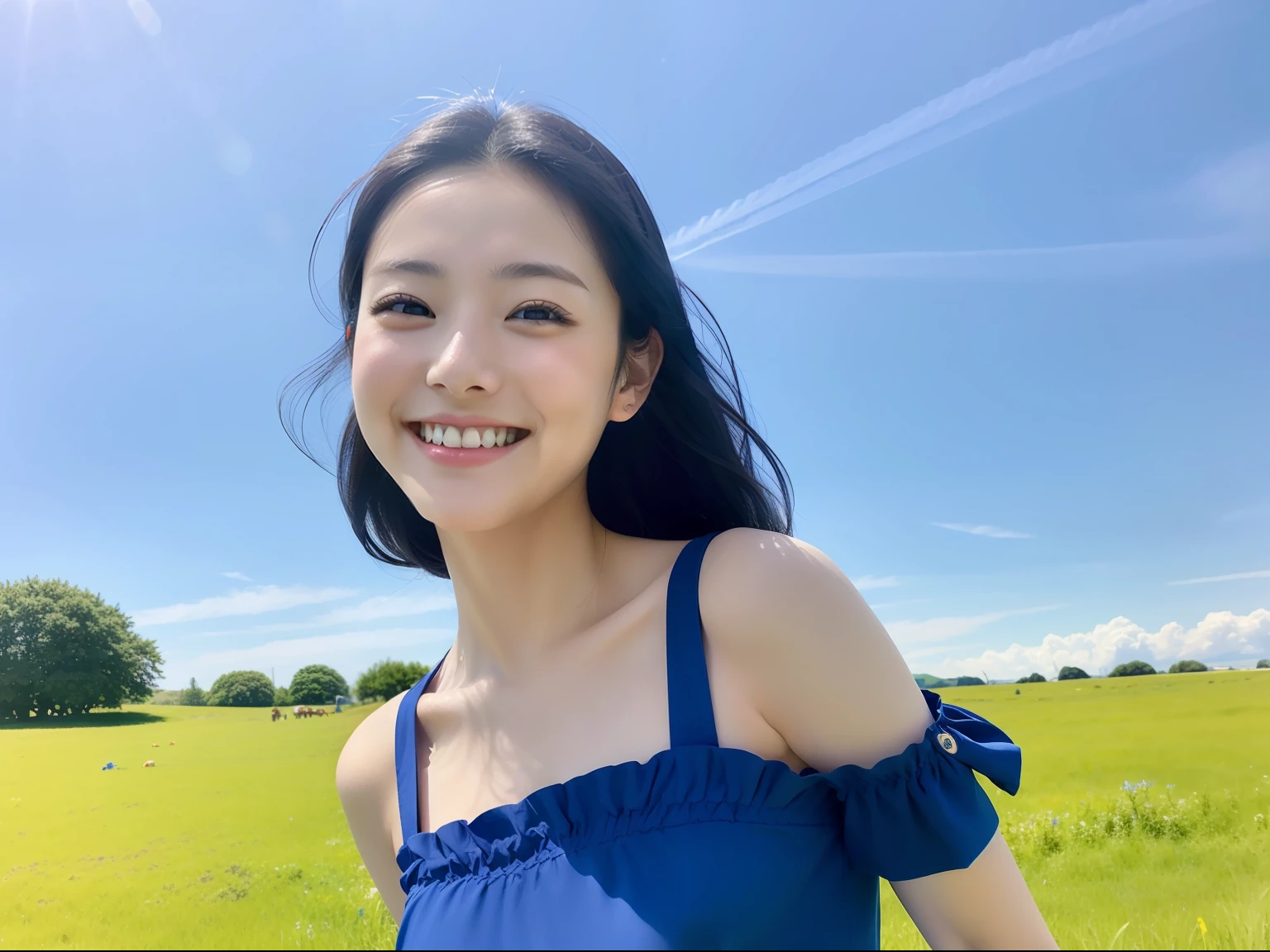 Twin-tailed black hair、Age is 20 years old、The whole body is shown、Wearing a blue summer dress、Smiling and smiling、Grassland around、soft sunlight、Birds flying in the blue sky