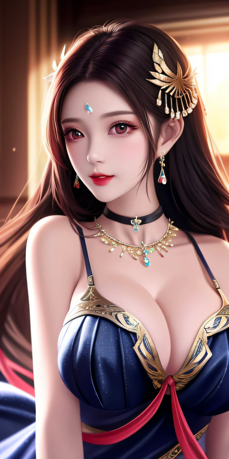 best qualtiy， tmasterpiece， A high resolution， 1girll，Bigchest，huge tit，Long legs， Clear red silk porcelain dress， beauitful face， hair adornments， looking at viewert， ssmile， Shut your mouth， cparted lips， shift dresses， hair adornments， choker necklace， jewely， long whitr hair， 耳Nipple Ring， beauitful face， upon body， Tyndall effect， hentail realism， Dark Studio， edge lit， twotonelighting， （highdetailskin： 1.2）， 8K, Ultra HD， digital SLR camera， softlighting， high high quality， Volumetriclighting， photore， High resolution 4K， 8K， The background is blurred out