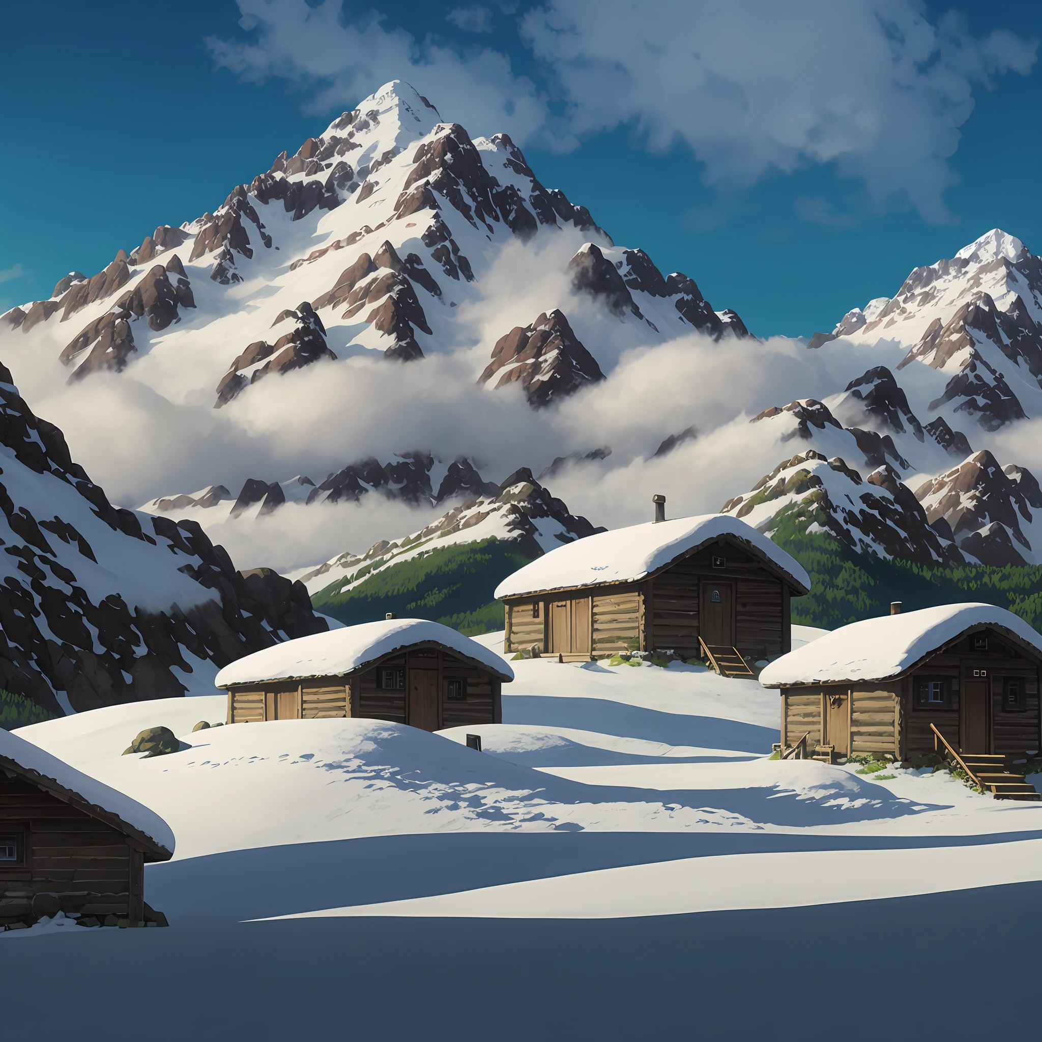 Snow-capped mountain landscape,There are huts and snow-covered peaks, bastien grivet, silvain sarrailh, bussiere rutkowski andreas rocha, ross tran. scenery background, james gurney and andreas rocha, author:Johannes Voss, author:Sylvain Salair, jen bartel, andreas rocha style, 4k highly detailed digital art