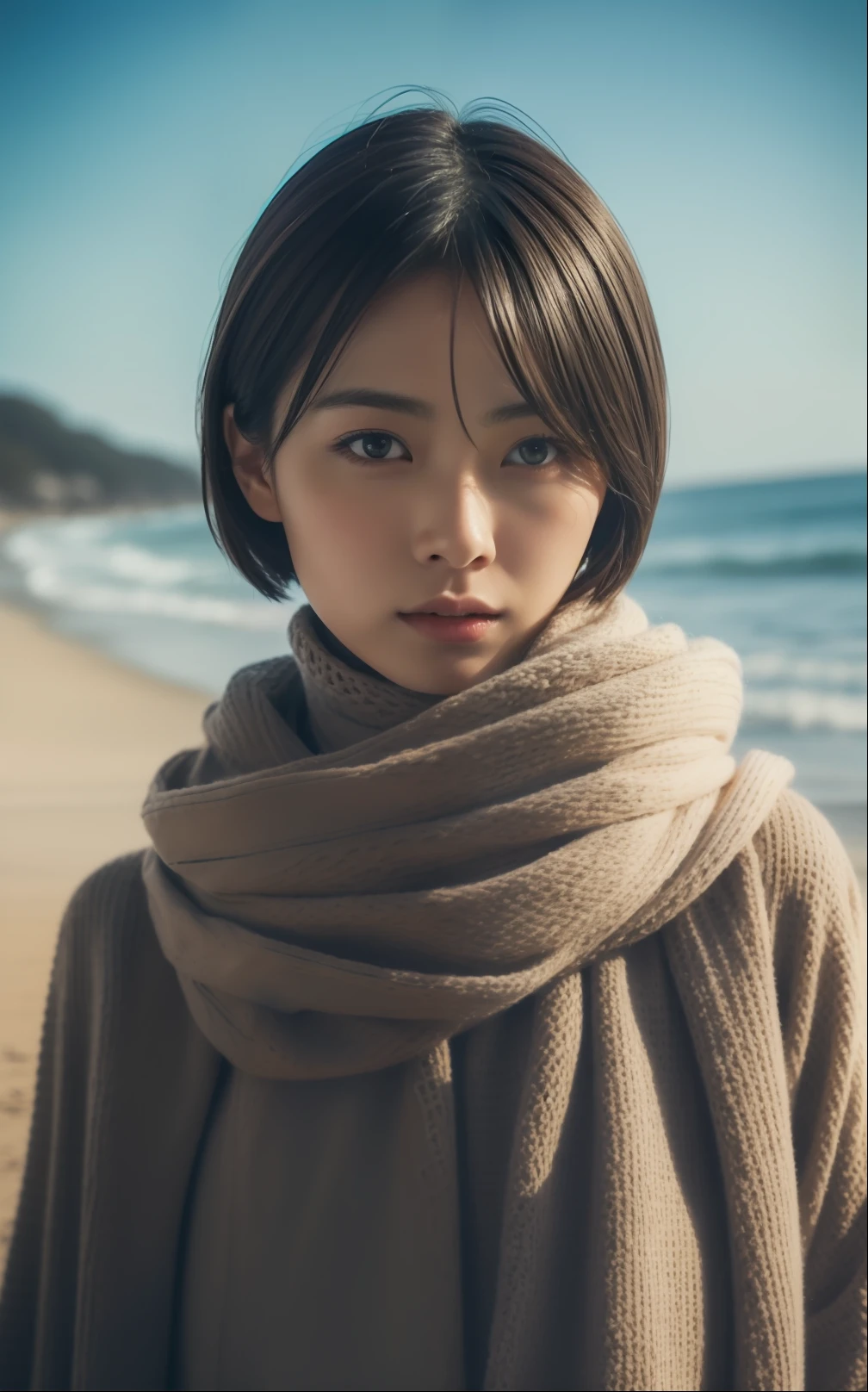 Cute Japan woman with short cut feeling cold on the beach in winter、Photorealsitic, highcontrast, 8K HD, detaileds, realistic skin textures, top-quality, 超A high resolution, Raw photo, Dramatic Lighting, unrealengine, Short-cut hairstyles,Beautiful girl model,detaile, hyperdetails, realistic skin textures,Very meticulously