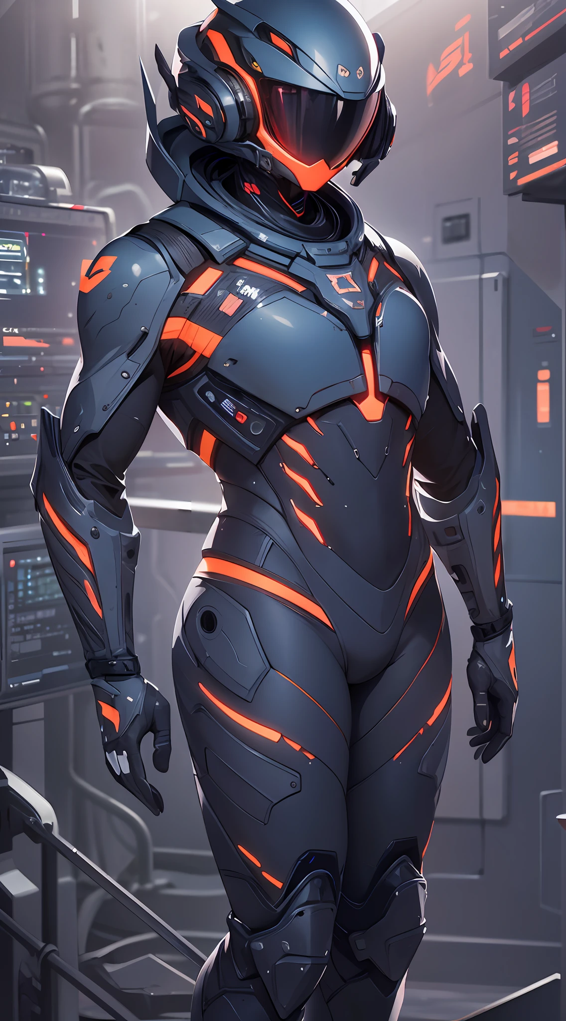 full body,Navy space suit in dark colors, The surface of the carapace has sharp creases, with streamlined curves and transitions,that has the ribs of a living being with glowing veins across the surface. The eva on its back a mixture of carapace, technology, and electronics,(high qulity), best qualtiy, Realiy, ultra-detailliert,,8k,
