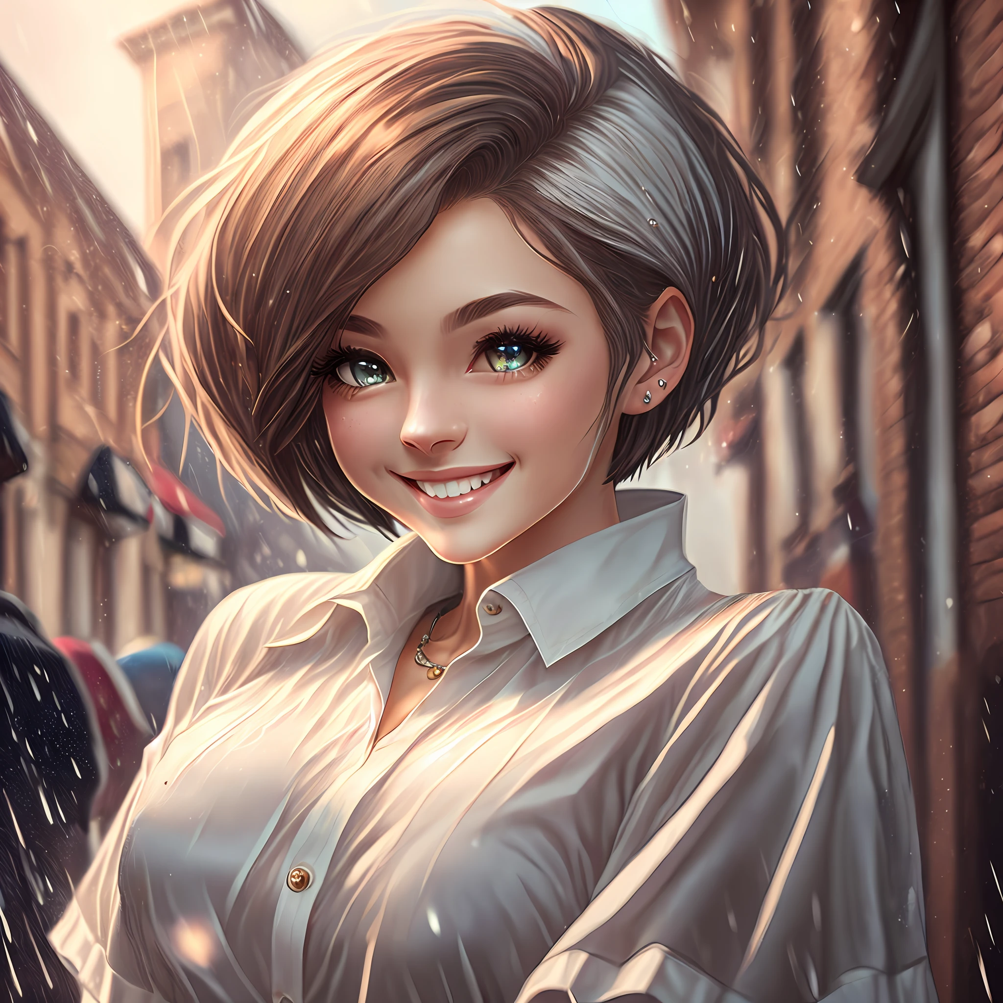 (8K, Best Quality, Masterpiece: 1.2), (Realistic, Realistic:1.37), Ultra Detailed, 1 Girl, Cute, Solo, Beautiful Detailed Sky, Detailed Cafe, Evening, Seated, Dating, (Nose Red), (Smile: 1.15), (Shut Up) Big Breasts, Beautiful and Delicate Eyes, (Collared Shirt: 1.1), Night, Wet, Professional, Rain, White Lace, (Short Hair: 1.2), Flowing Hair NovaFrogStyle, --auto