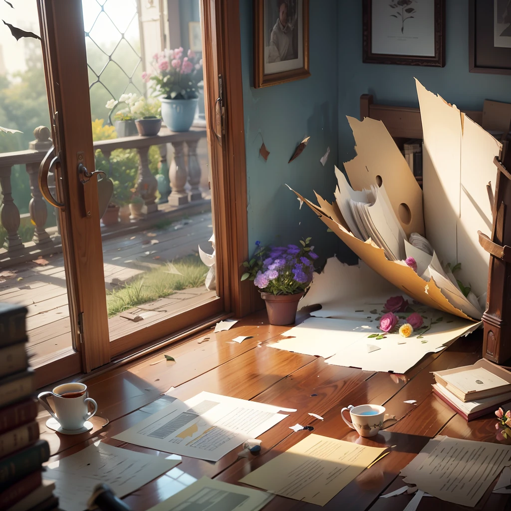 Generate a chaotic, disorganized scene with a broken cup, a torn book, and wilted flowers. Avoid including any signs of animal life or living creatures in the scene. --auto --s2