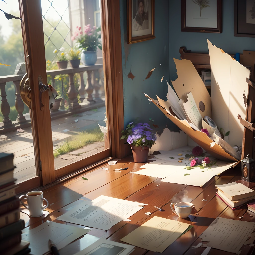 Generate a chaotic, disorganized scene with a broken cup, a torn book, and wilted flowers. Avoid including any signs of animal life or living creatures in the scene. --auto --s2