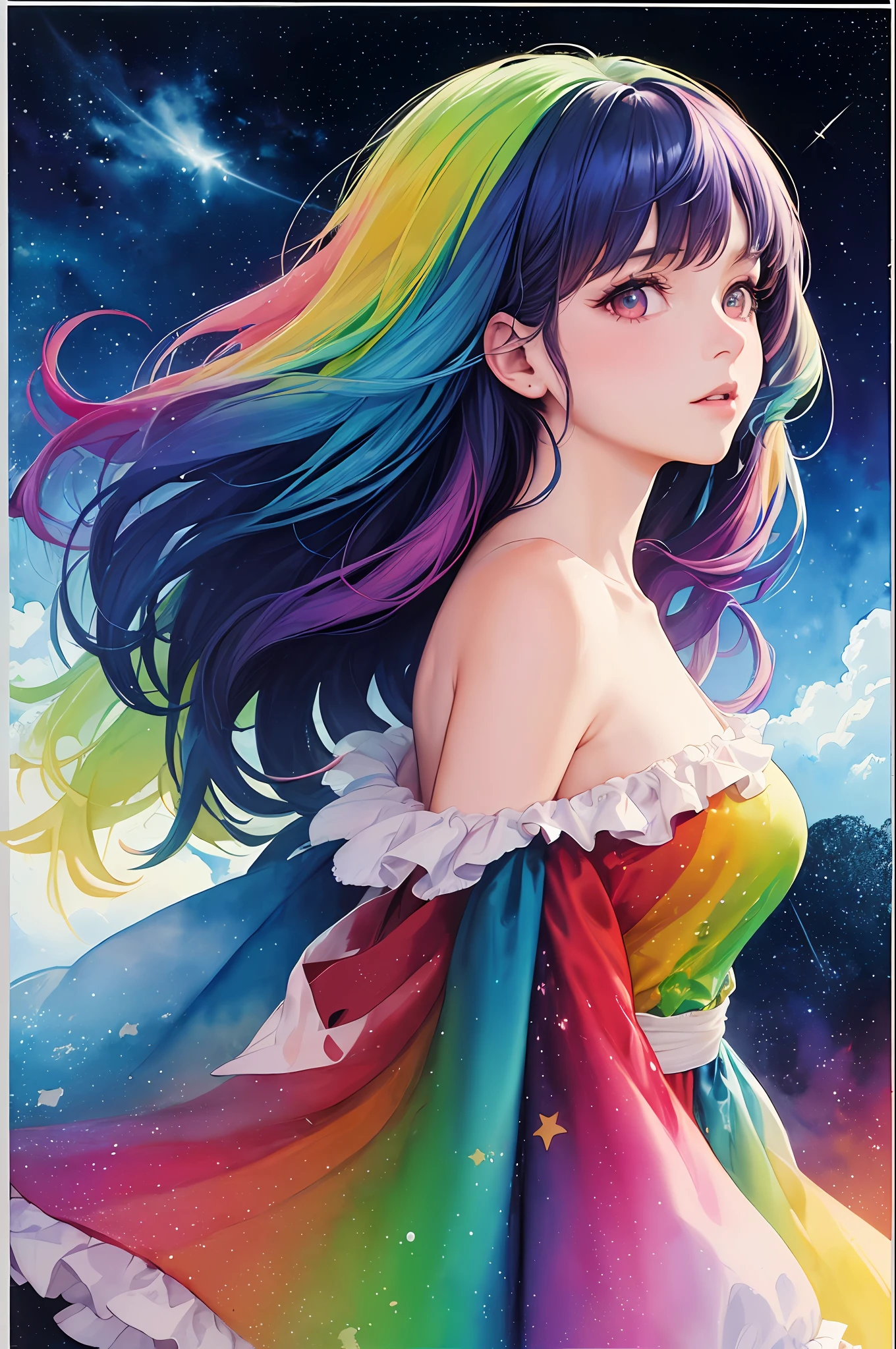 (masterpiece, top quality, best quality,watercolor (medium),official art, beautiful and aesthetic:1.2),(1girl:1.3), (fractal art:1.3),upper body, from side, looking at viewer,patterns,(rainbow color Hair,colorful hair,half blue and half pink hair:1.2),water,liquid, cloud,colorful, starry,stars,