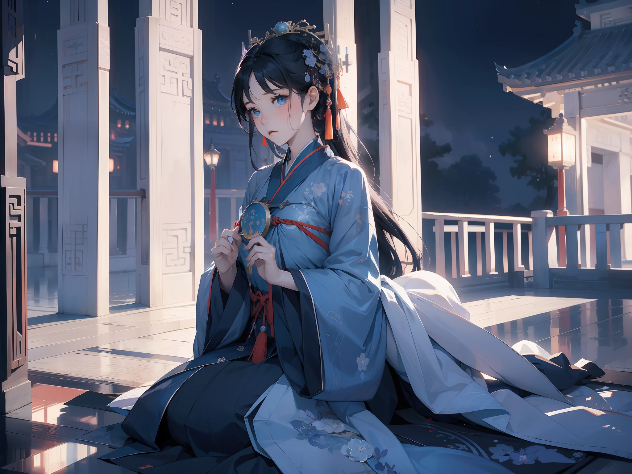 ultraclear,tmasterpiece,the night,themoon,Outside the Chinese Imperial Palace,1girll,blue color eyes,expression sad,,Kneel in the doorway,cabelos preto e longos,Lilac Hanfu,