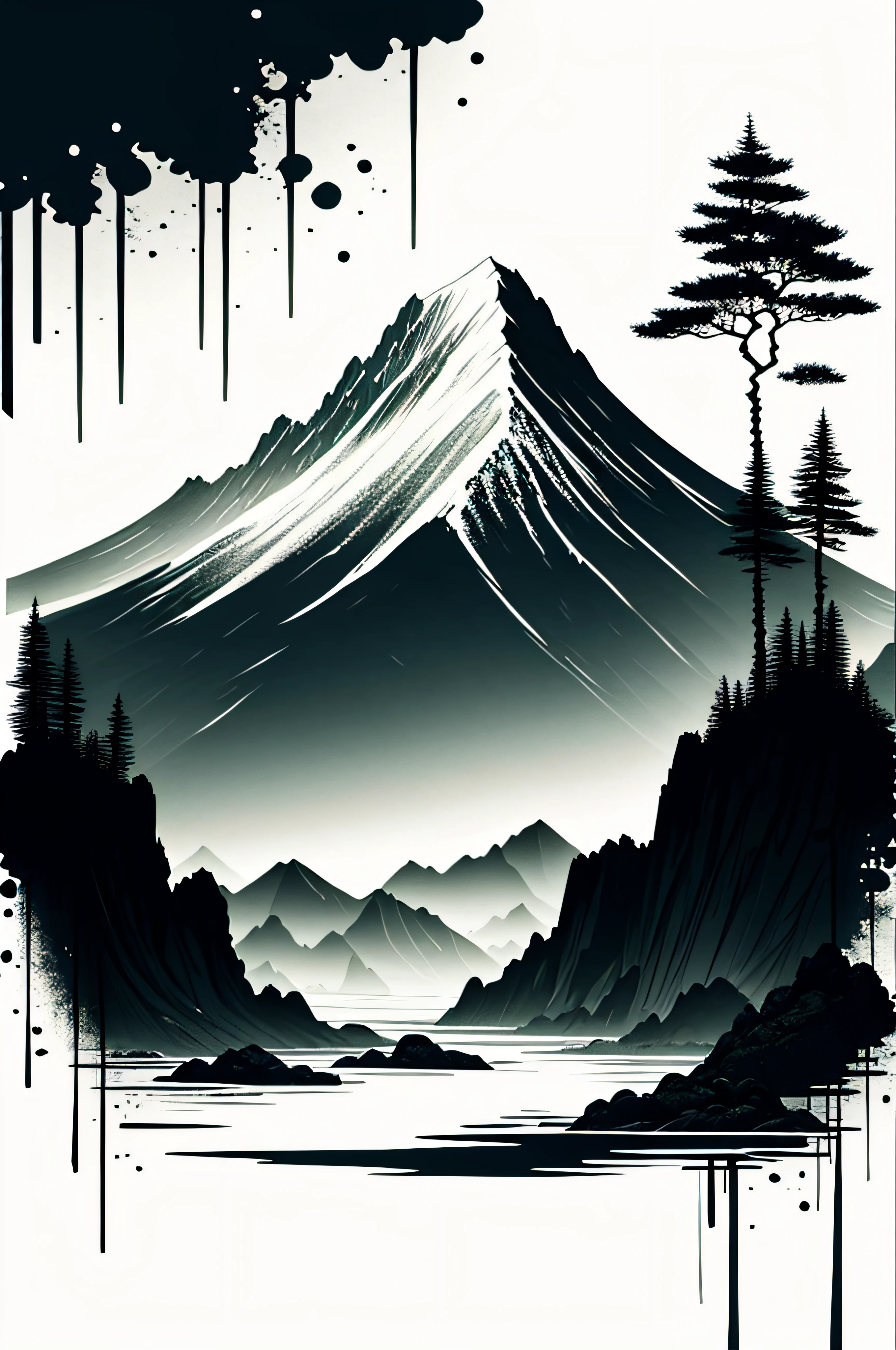 white background, scenery, ink, mountains, water, trees