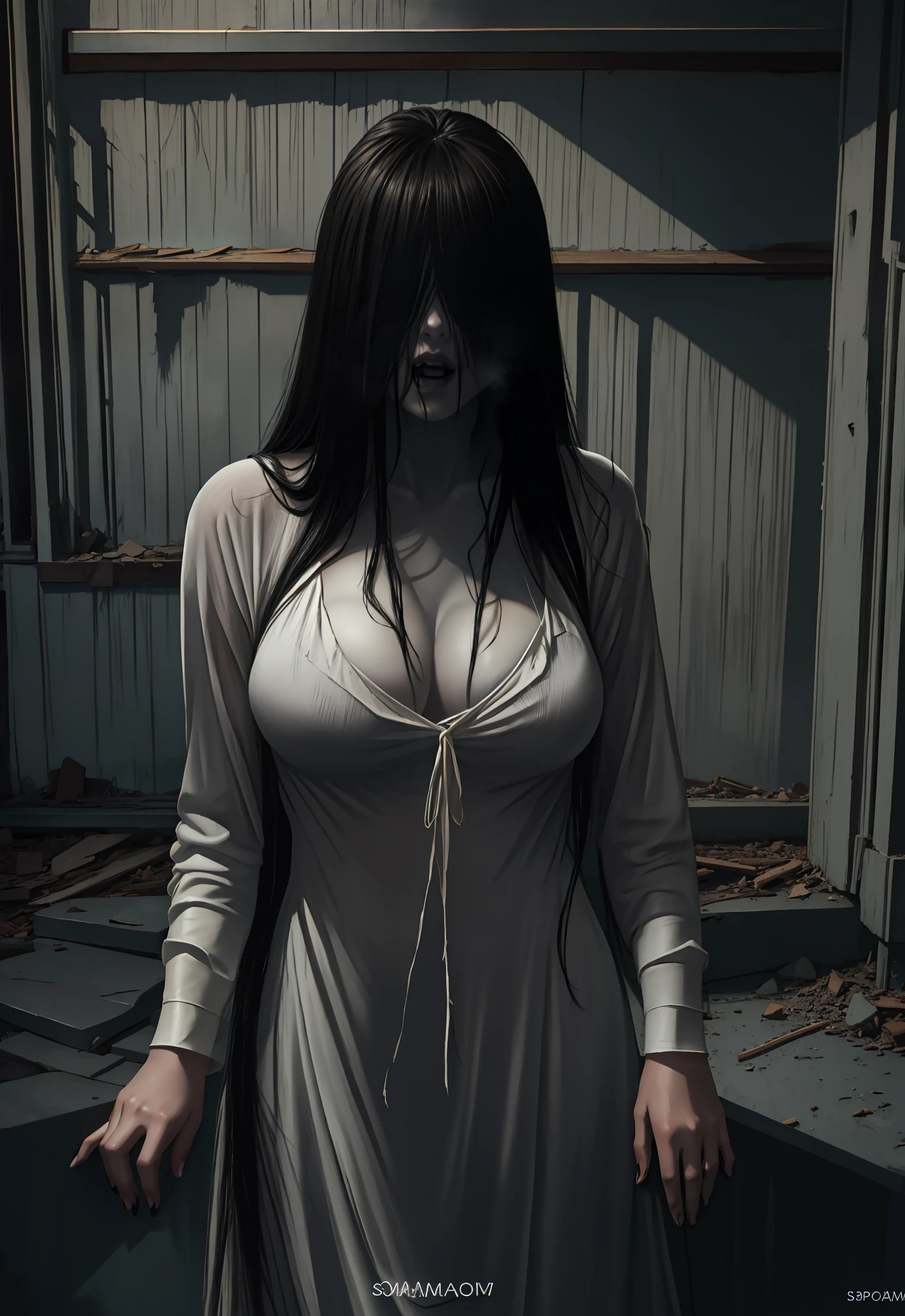 Realistic Japanese Horror movie taste picture, ((masterpiece)), (best quality), (absurdness quality), high resolution, 32k, (photorealistic:1.4), black hair, hyper realistic photo of Yamamura_Sadako, torn white dress, (grey skin), long hair over eyes, eyes covered, hidden face by hair over eyes, ((spooky, messy abandoned house)), dark atmosphere, huge cleavages, full body shot, entire room view,