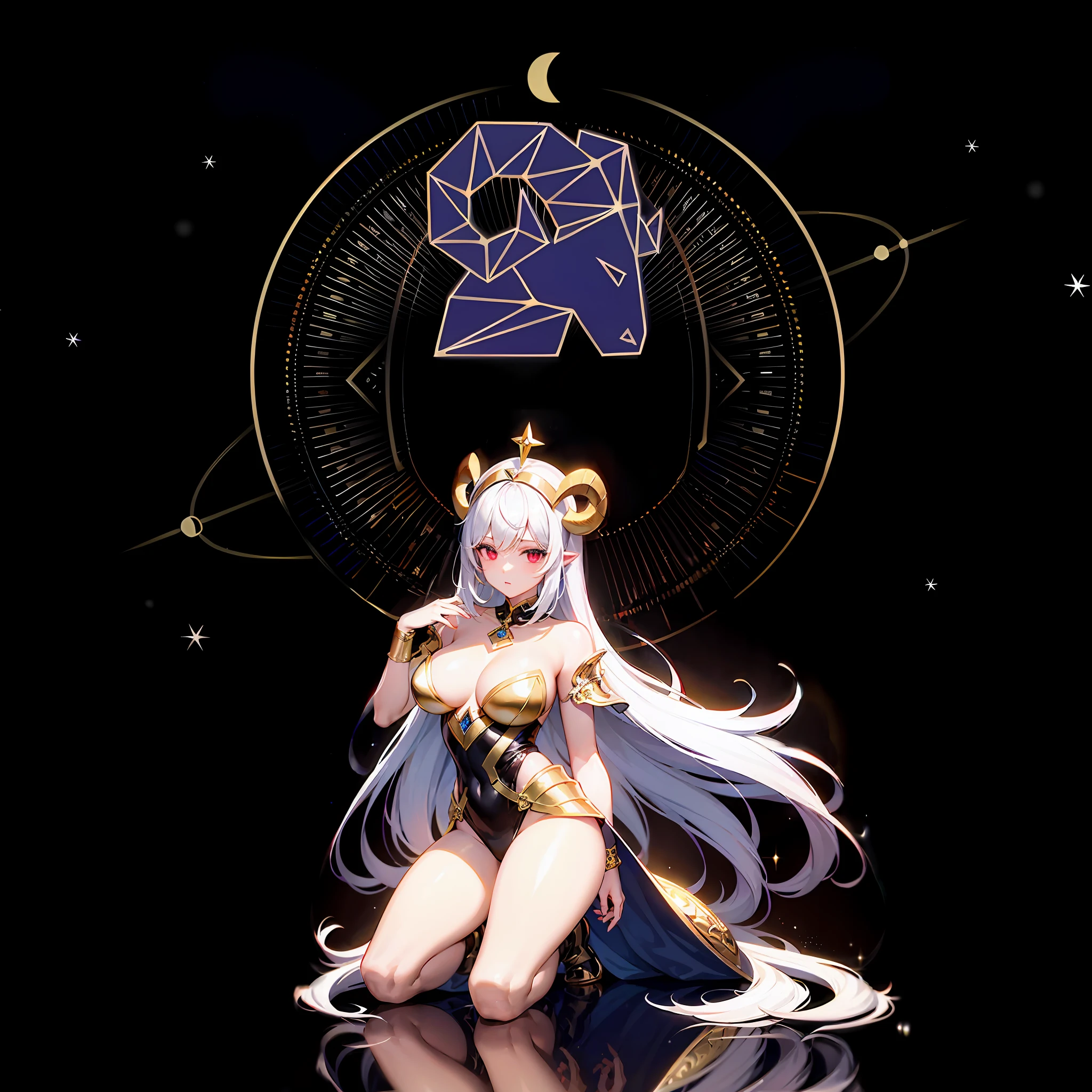 (Aries:1.2),Thick acrylic illustration on pixiv,(Aries on jewelry:1.2),Mysterious atmosphere of light fuchsia,Magic Golden Aries Star Chart,There's a Aries behind,(Armored dress with alternating gold and white fur:1.4),(Gold Argali Horn Helmet:1.4),beauty ,white long hair,beautiful red eyes,gorgeous face,fantasy star palace background, fantasy character design concept,extreme iridescent reflection, over exposure, high brightness, shimmer pearly color, gold white silver, gauze latex, stretching action, holy,cinematic rim lighting, soft focus, bokeh, chiaroscuro,8K, best quality, ultra detailed