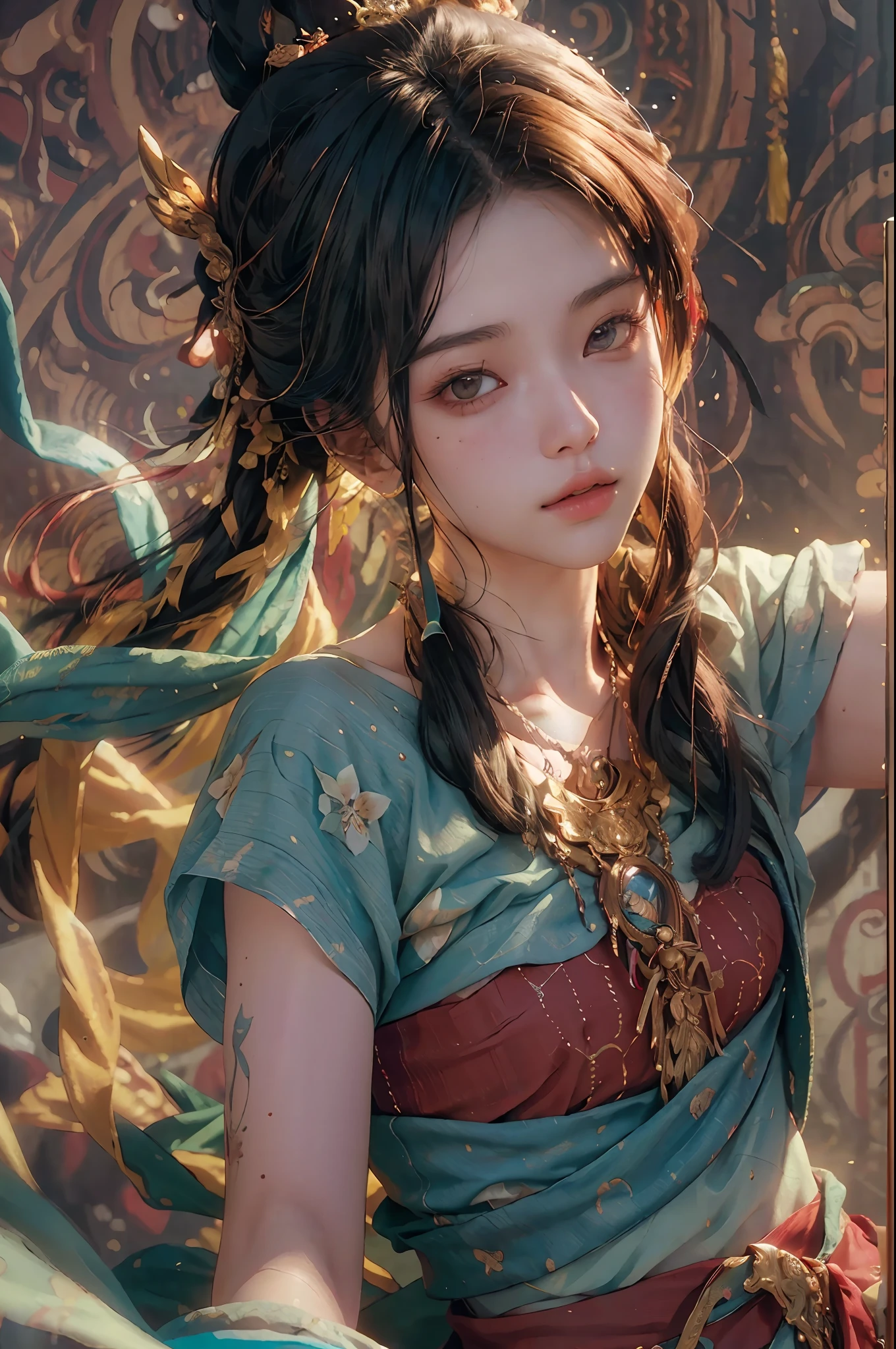 (RAW photo, best quality), (realistic, photo-realistic:1.3),best quality,highly detailed,masterpiece,ultra-detailed,illustration,1girl,upper_body,dynamic angle,world masterpiece theater,messy_long_hair,best quality,extremely detailed CG unity 8k wallpaper,ink,Amazing,cinematic lighting,lens_flare, dunhuang_style