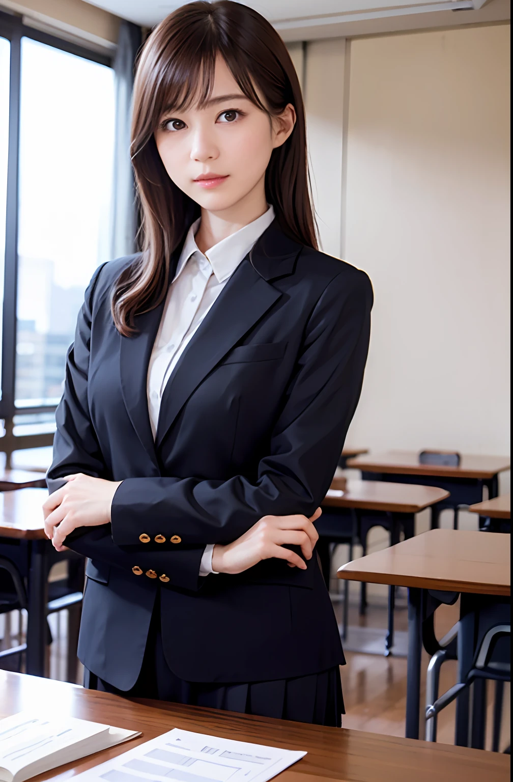 1人、独奏、Parting lips、Officelady、Business suits、sky line、school classrooms、With your arms crossed behind your head、looking at viewert、