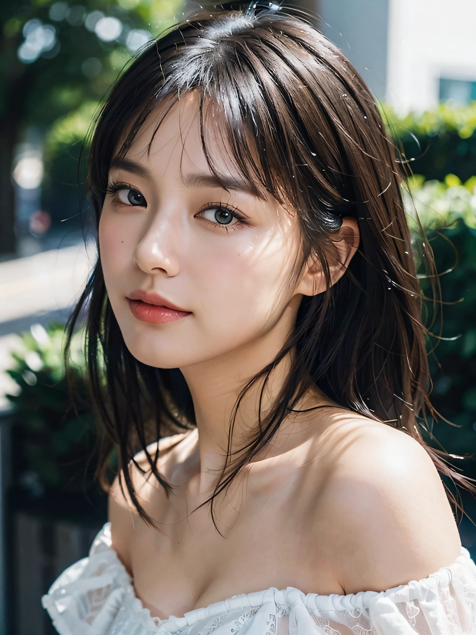 (Best Quality:1.2, 8K, Sharp Focus, master piece: 1.2, Cinematic Light, extremely details CG, beautiful Girl, reality, Detailed face textures, Realistic skin, beautiful makeup, Detailed bangs)), (depth of fields), Bokeh background, Head tilt, Smile, closes mouth, shiny black long hair, Cowboy Shot, white bare top mini dress, jacket off shoulder, from side, wind