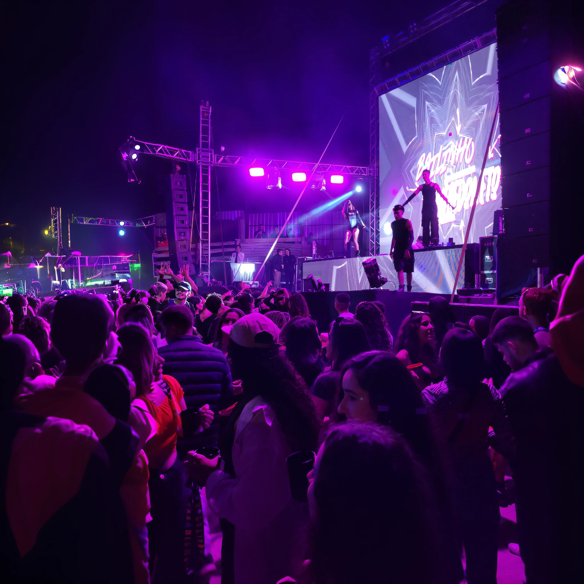People are watching a man on a stage performing on a stage, rap no palco do festival, 2 rappers no palco do show, "House Music delira com bailarinos, cena de uma rave, crowd of cool people dancing, people dancing in background, by Gina Pellón, festival de dance trance edm, by Amelia Peláez, clima de festa, foto de alta qualidade