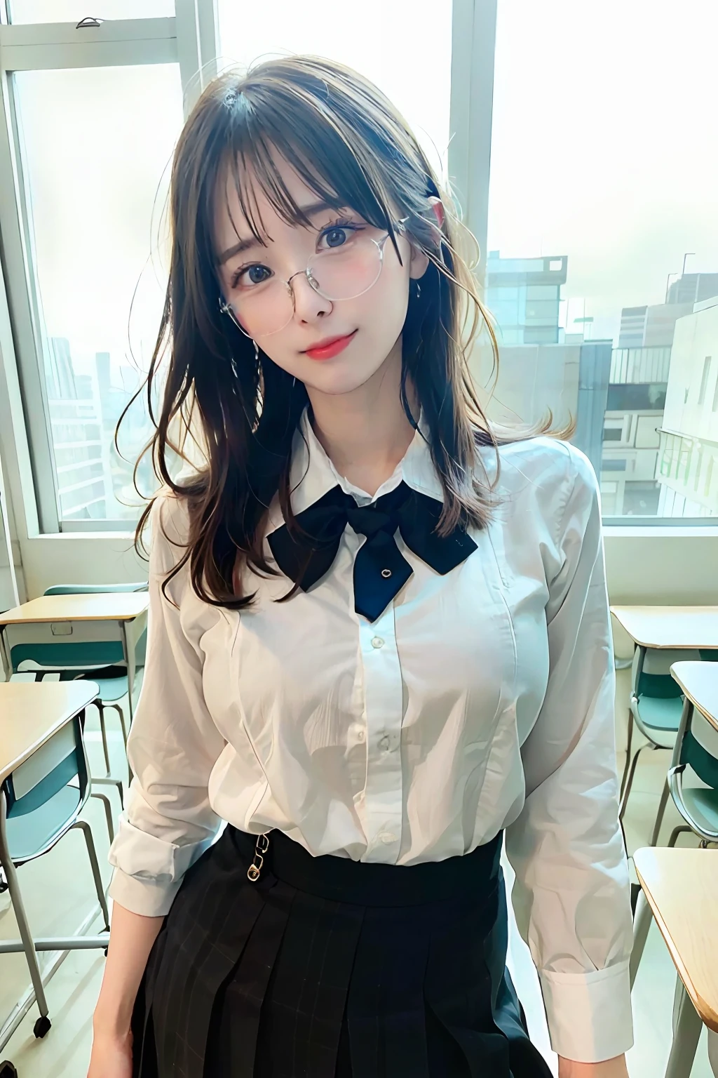 25 years old woman(glasses eyes), milf, ((at classroom)), ((school uniform)), RAW photo, (photorealistic:1.37, realistic), highly detailed CG unified 8K wallpapers, 1girl, ((perfect body:1.1)), (medium breasts:1.2) , looking at viewer, (((straight from front))), (HQ skin:1.2, shiny skin), 8k uhd, dslr, soft lighting, high quality, film grain, Fujifilm XT3, ((full body:0.8)), (professional lighting:1.4) ,