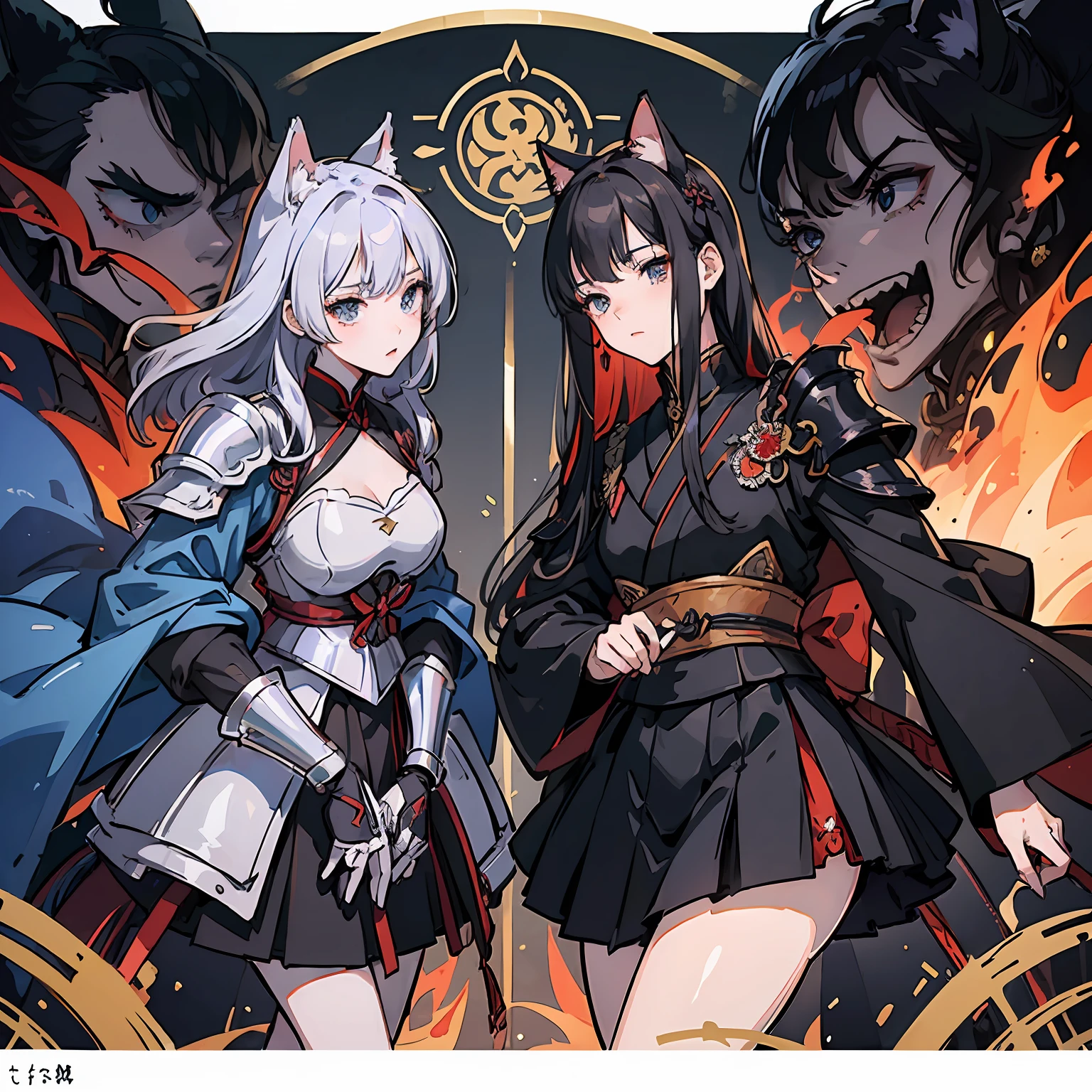 ((Master masterpiece)), ((Top image quality)), illustratio, The girls1Guys, Hair color, Bangs, Hairstyle Fax,Cat's ears、 slender、constricted hips、A dark-haired、((Wearing armor))、Japanese armor、Hold the bow、battle field、Surrounded by skeleton soldiers