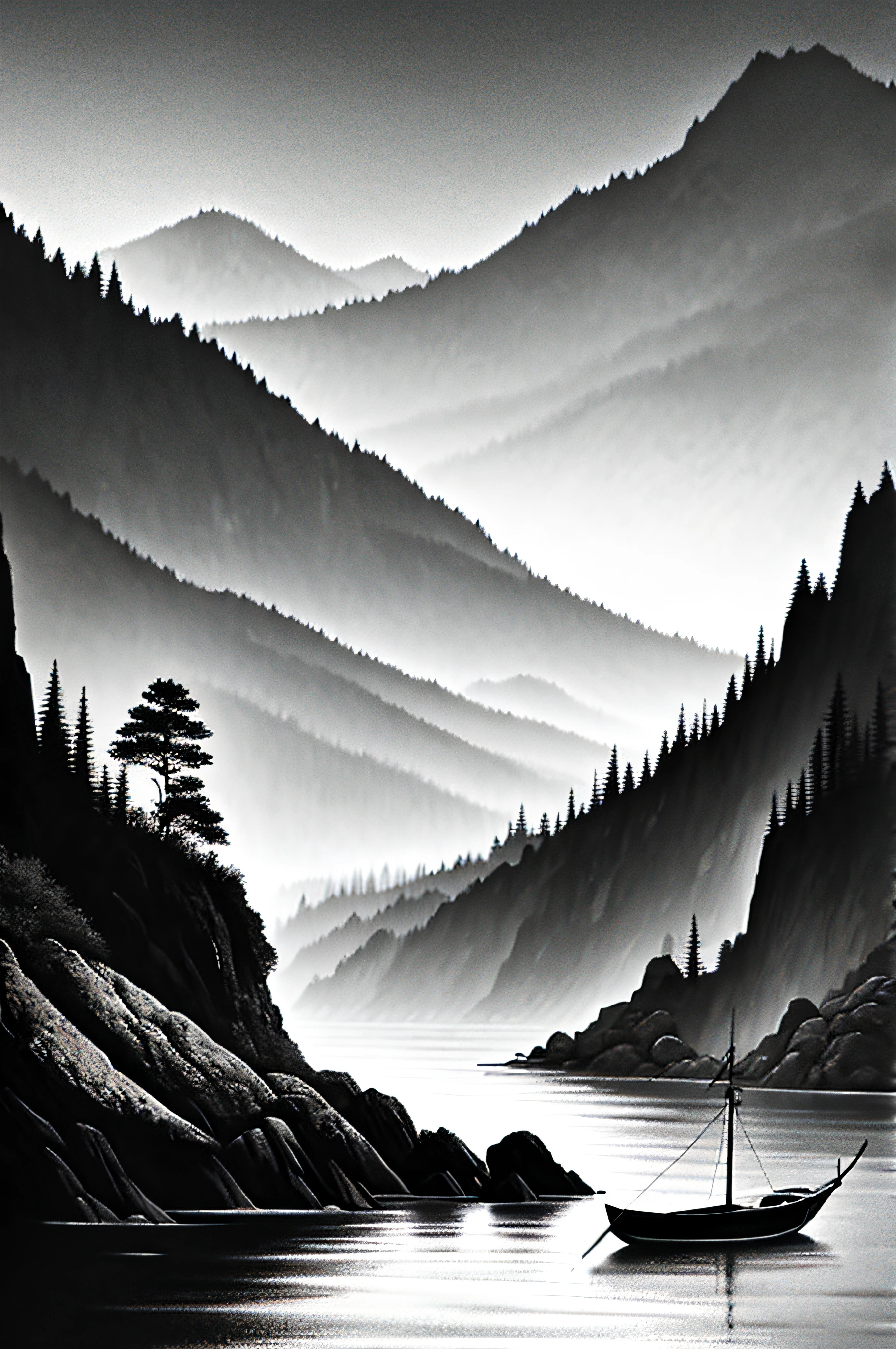 white backgrounid， scenecy， ink， mont， Eau， the trees，Boat
