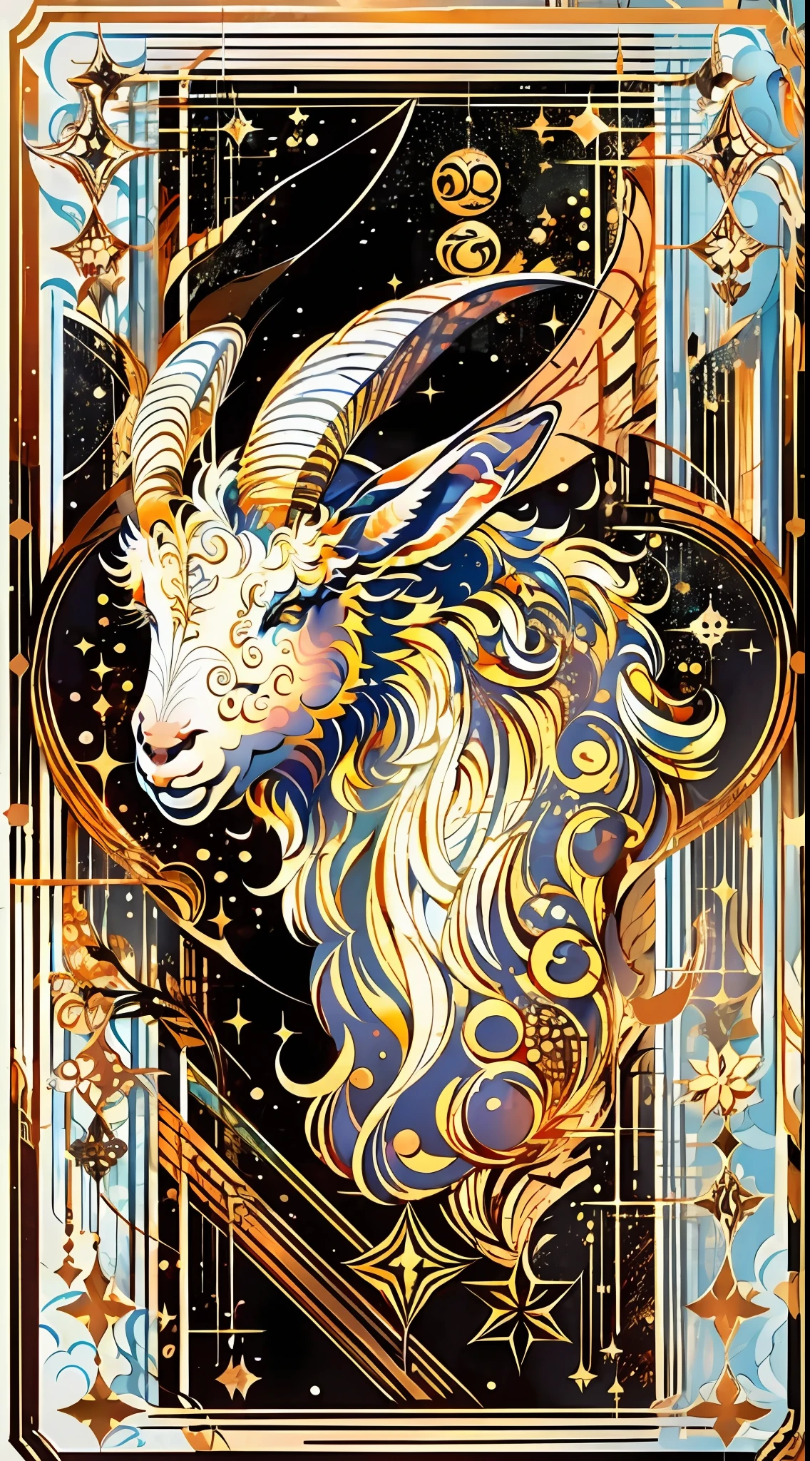 best qualtiy，tmasterpiece，horoscope，As estrelas（constellation），tarot cards，Gold black background，Zodiac signs，Archer in golden armor，high detal，超高分辨率，White goat，Glowing，A half body