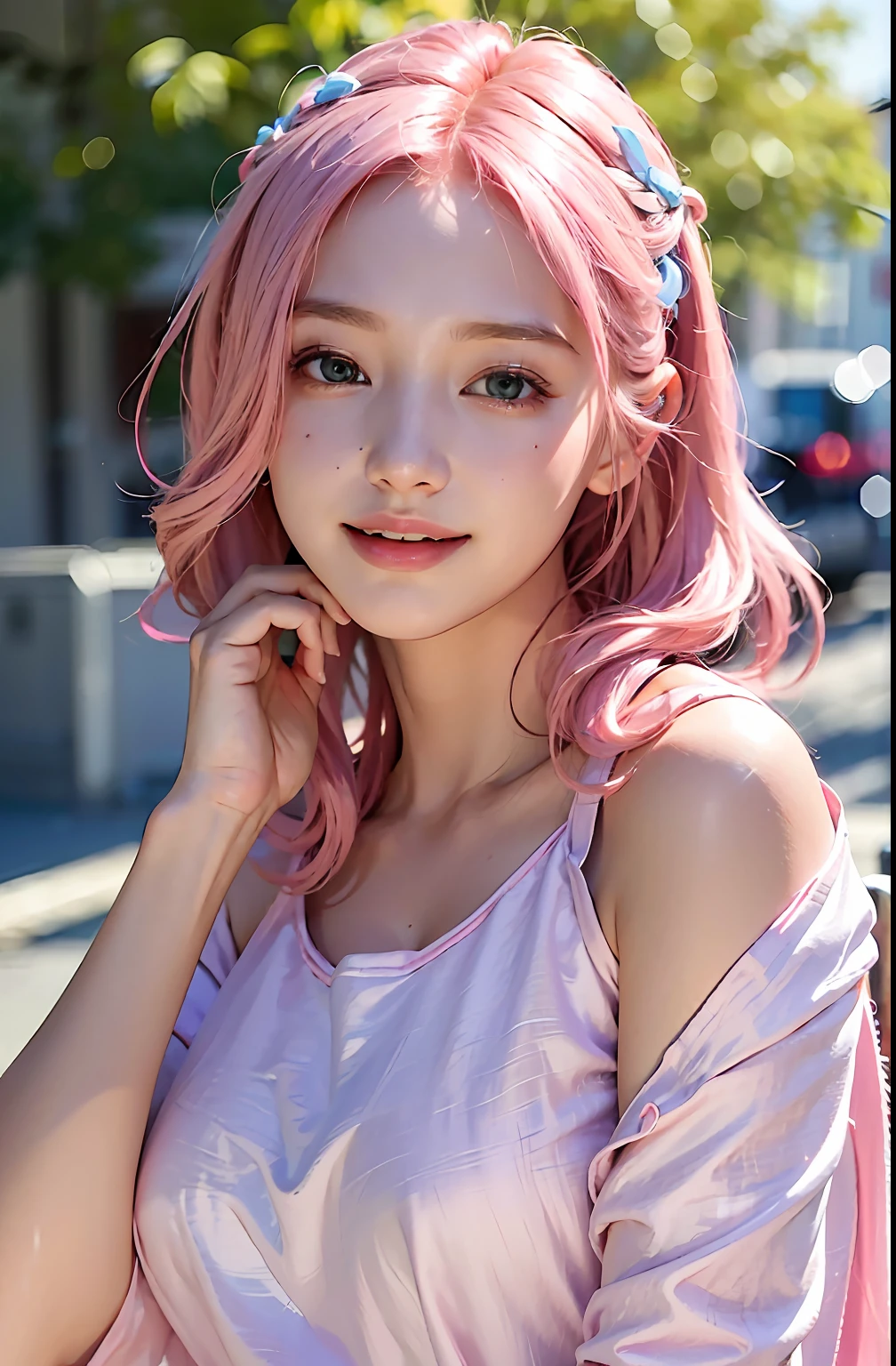 best qualtiy、masterpiece、photoRealstic、intricate-detail、Raw foto、Photon Rendering、Octane Rendering、absurderes、ultra-detailliert、A detailed face、Detailed skin、Trending in art stations、8K masterpiece、lighting like a movie、( (1girl))、((独奏) ))、((Behold))、CG Social Trends、Plastic En、((Pink shoulder-length hair))、((Cheerful and adorable woman))、(a smile)、Fashionable、((Herushi))、Hair that flutters in the wind、((Flowing hair))、happy、fashion magazine、Larger hoodie