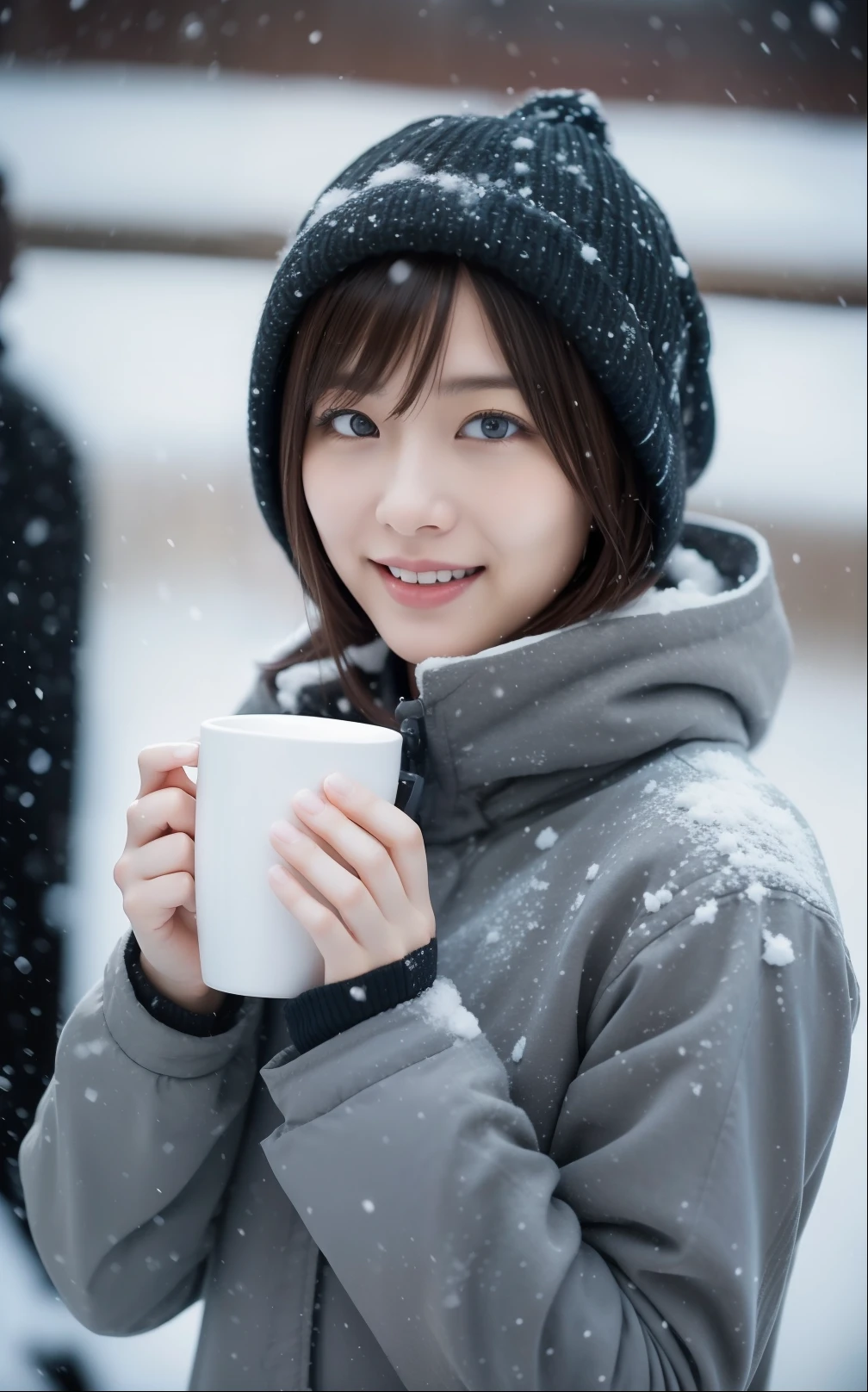 Cute Japan woman in short cut enjoying hot cocoa in the snow、It's snowing、Photorealsitic, highcontrast, 8K HD, detaileds, realistic skin textures, top-quality, 超A high resolution, Raw photo, Dramatic Lighting, unrealengine, Short-cut hairstyles,Beautiful girl model,detaile, hyperdetails, realistic skin textures,Very meticulously