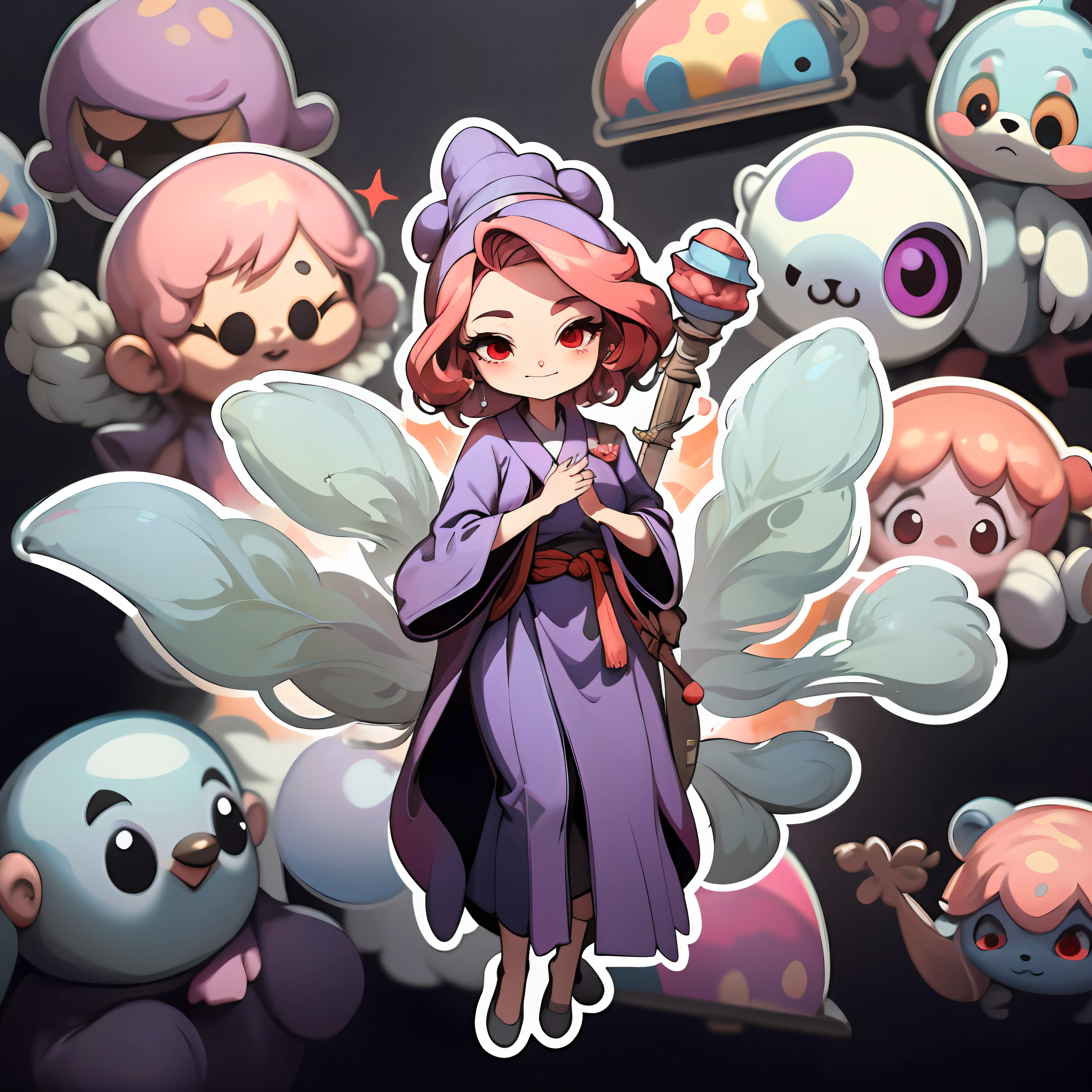 a sticker,sorceress woman,Young,Red eyes,Hold back a smile,erect through,kids cartoon,Purple mage robe,Villains,slimfigure,red tinted hair,Bland,cartoonish style,adolable,white backgrounid,Full body like,dk, adolable, Little big breasts柄, pastel colour, vectorstyle, no gradien,
