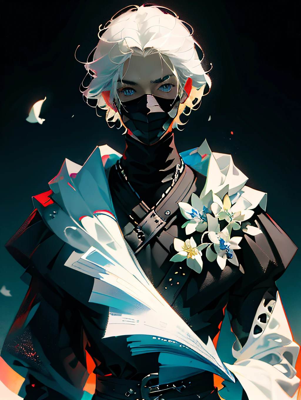 (best quality, masterpiece:1.3), 1boy, pose, particle, wind, upper body, simple background, looking at viewer, focus on face, silver hair, short hair, blue eyes, black robe, pale skin, soft light, (masculine) (Extremely detailed 8K wallpaper) Man, alone, worn black clothes full of blood, hood, bloody smiling mask, apocalyptic theme, high detail, backpack on his back.