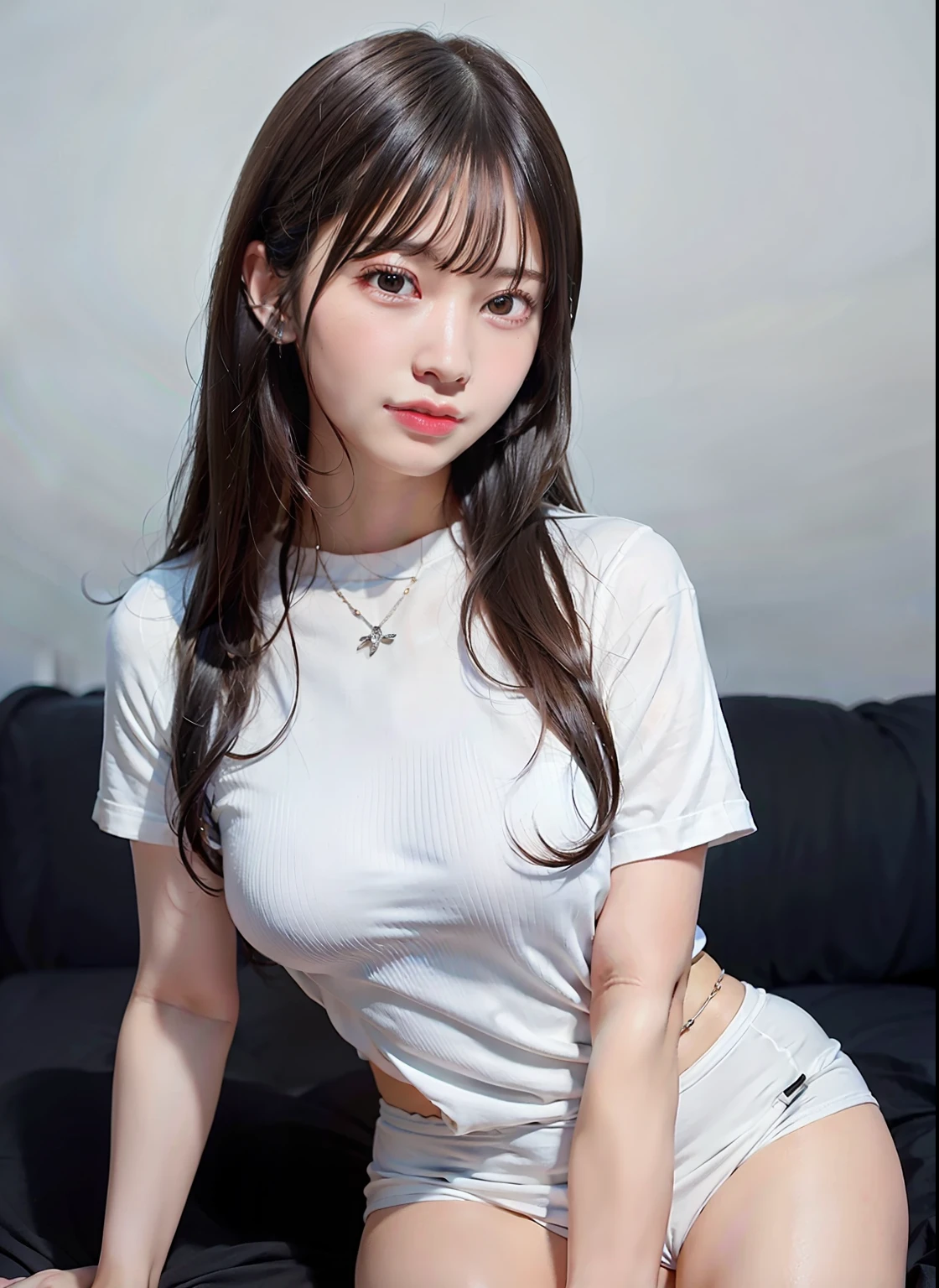 (realistic:1.4), best quality, ultra high res, 
4k, instagram,
higly detailed, 
(wearing white shirts:1.3),
full body shot,
VirtualGirl-Aim, medium breasts, straight hair, long hair, black hair, black eyes, crystal pendant,