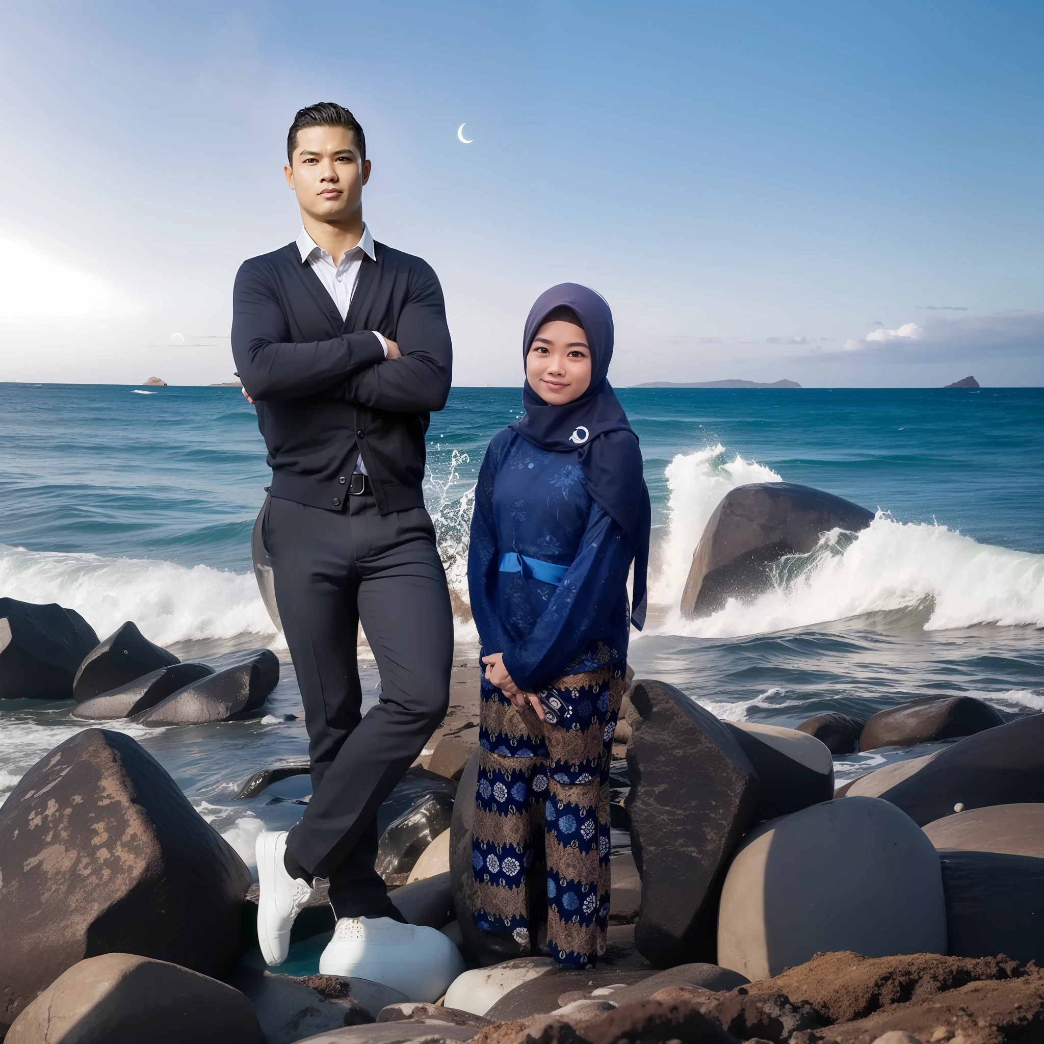 Natural scenery, beaches, coconut trees, big waves, crescent moon, big rocks