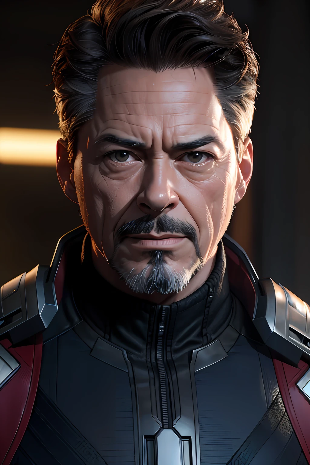 Marvel, Old man Tony Stark, realistically, dynamic lights, old, gray stubble, full shoot, (extremely detailed CG unity 8k wallpaper), trending on ArtStation, trending on CGSociety, High Detail, Sharp focus, dramatic, photorealistic