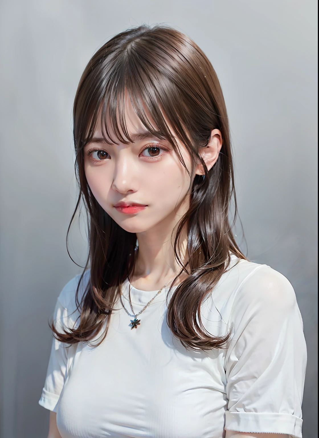 (realistic:1.4), best quality, ultra high res,
4k, instagram,
higly detailed, 
(wearing white shirts:1.3),
full body shot,
VirtualGirl-Aim, medium breasts, straight hair, long hair, black hair, black eyes, crystal pendant,