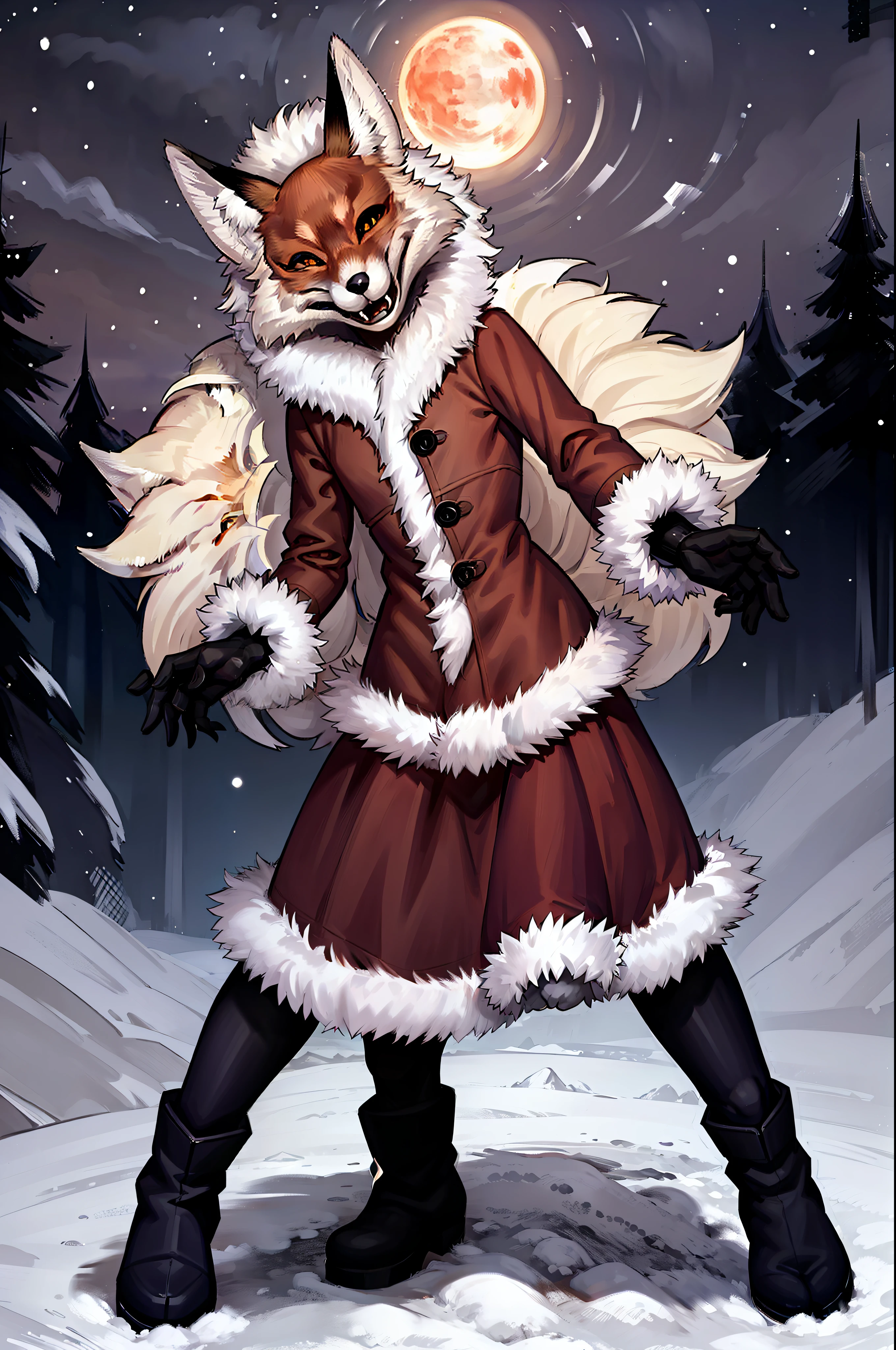 (tmasterpiece), 4k resolution, A highly detailed, (hiquality), HDR, 独奏, 1 animal, red fox, 25 years, ((Adult female)), ((muscular)), pectoral muscles, 独奏, (Furry), ((furry female)), Animal nose, (Fox muzzle), Yellow eyes, animal ears, Fox Girl, orange furr, Fox ears, The animal's ear is fluffy, Foxtail, Body fur, open mouth, ((Evil grin)), fangs, (Winter fur coat), (Knee-length winter skirt), fur collar, fur-trim, gloves, black gloves, (winter boots), looking a viewer, object \(The Great Red Moon\), Snow-covered forest in the background, night  sky, night time, snowing, Standing, hands on the belt, Legs Spread Out,
