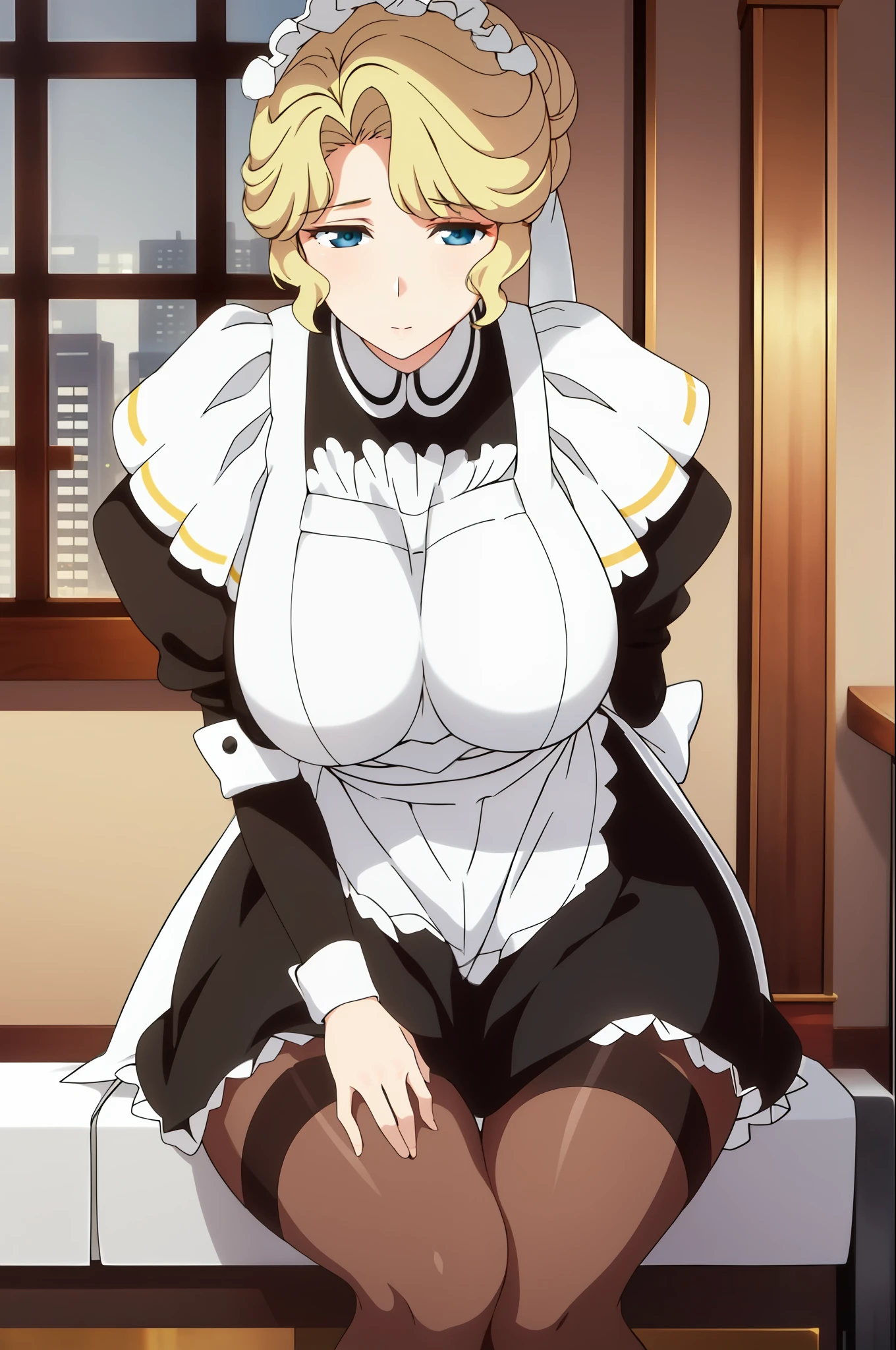 （natta：1.7）， jpn， toyko， CityView， In front of the window，
Stand under the gaze，
（LEGS_Black_pantyhose）、maid_apron、maid_headdress、maid_LONG_Skirt、Long_white_gloves、
blond hairbl， short detailed hair， hair-bun，
1个Giant Breast Girl，30 age old，a mature female，Beautiful Finger，Beautiful long legs，black lence stockings，beaturiful body，beautiful nose，Beautiful character design，perfect  eyes，s the perfect face，
looking at viewert，in the center of Image，
NSFW，offcial art，the Extremely Detailed CG Unity 8K Wallpapers，Perfect lighting，extremely colorful，Bright_Front_face_Lighting，
（tmasterpiece：1.0），（best_quality：1.0）， 超A high resolution，4K，hyper-detailing，
photography of， 8K， HDR， A high resolution， hoang lap：1.2， Kodak Portra 400， filmgrain， The background is blurred out， bokeh：1.2， Lens glare， （vibrant_color：1.2）
（big breasts beautiful，large_Breasts：1.4）， （beautiful_face：1.5），（narrow_waist），