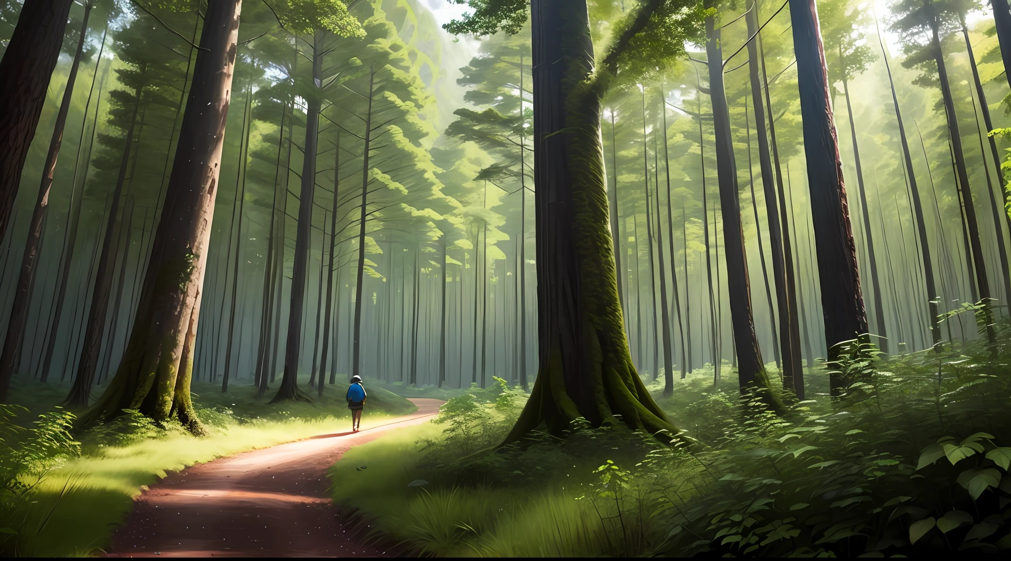 Lone hiker in a dense forest: Uma trilha sinuosa atravessa uma floresta densa, with majestic trees rising to touch the sky. A lone walker moves on, mergulhado em seus pensamentos, com apenas a natureza ao redor para lhe fazer companhia. The solitude here is portrayed as an opportunity to connect with the serenity of nature.