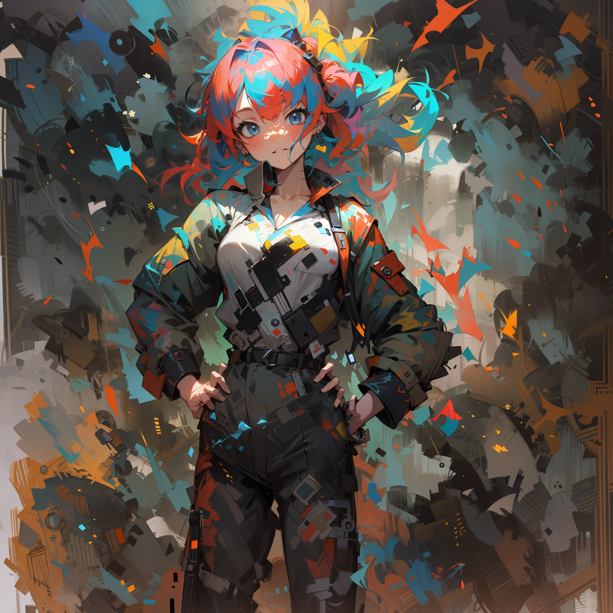 masterpiece, absurdres, highres, ultra detailed, detailed, vivid contrast
, (1 girl, 30yo:1.1), adult, colorful cloths, multicolored hair, (be bashful)
, hand on hip
, mechanic, mechanic room, electronic circuit girl, wrench