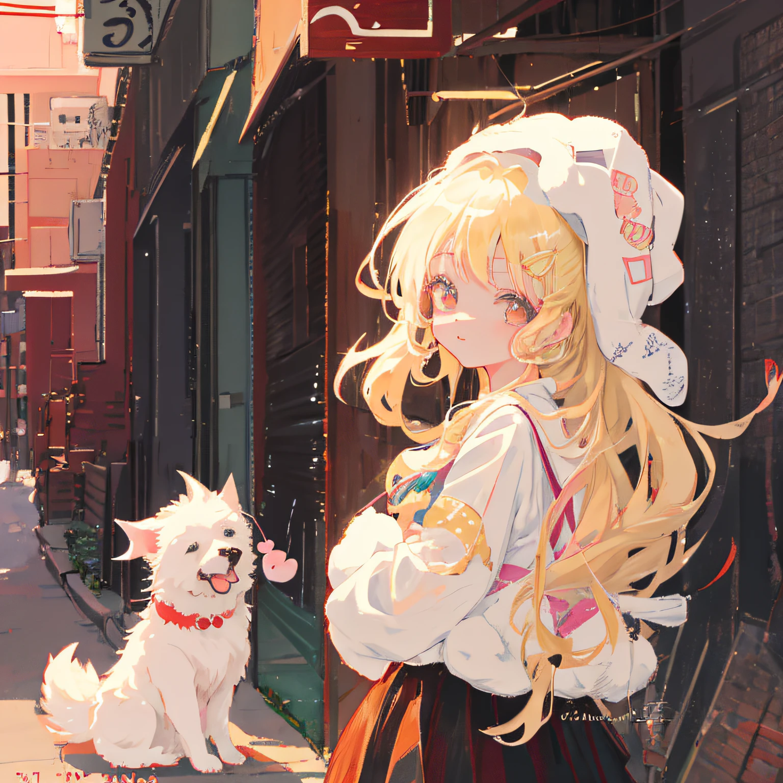Anime girl with white dog on the street, lovely art style, Cute anime, Cute anime girl, Soft anime illustration, anime visual of a cute girl, Cute anime style, cute artwork, Anime Pictures, Blonde anime girl with long hair, Cute detailed digital art, Guviz-style artwork, adorable digital art, lovely digital painting, lofi-girl --auto