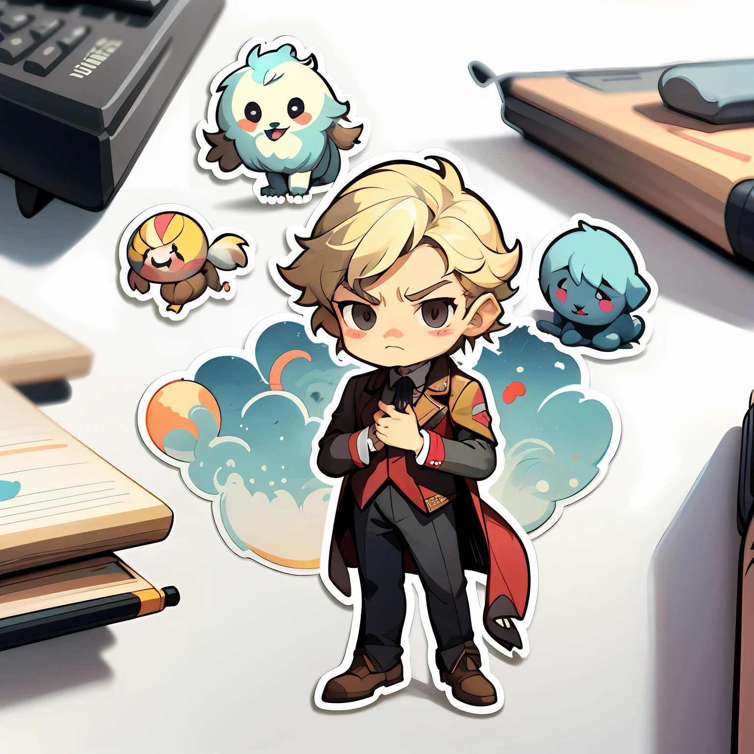 a sticker,Full body like,Young,righteous,nobles,Man,tailcoat, aquarelle,Blonde hair,Serious,white backgrounid, simple backgound, dk, adolable, Little big breasts柄, pastel colour, vectorstyle, no gradien,