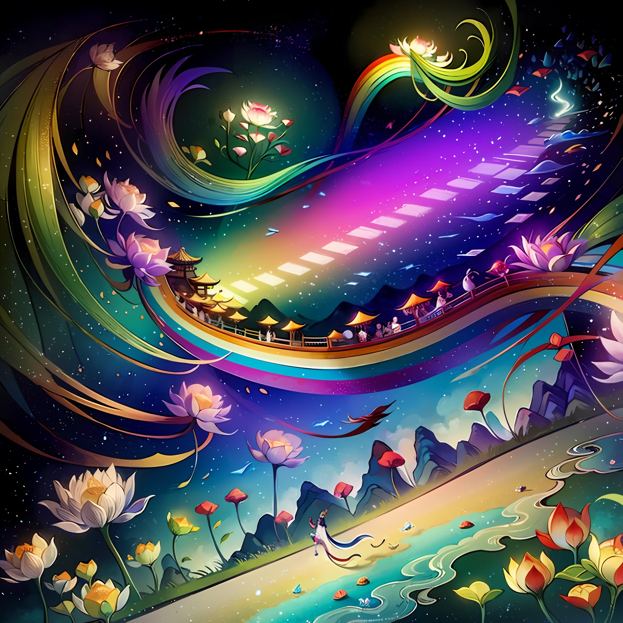 An ancient Chinese painting, ancient Chinese background, mountains, rivers, auspicious clouds, pavilions, sunshine,(psychedelic details),(mushrooms),lotus,(rainbow),(trippy),(DMT),intricate details, more details, high details,masterpieces, super detail, epic composition, ultra HD, high quality, extremely detailed, official art, unified 8k wallpaper,(show full objects ),Super detail, 32k -- v 1.7