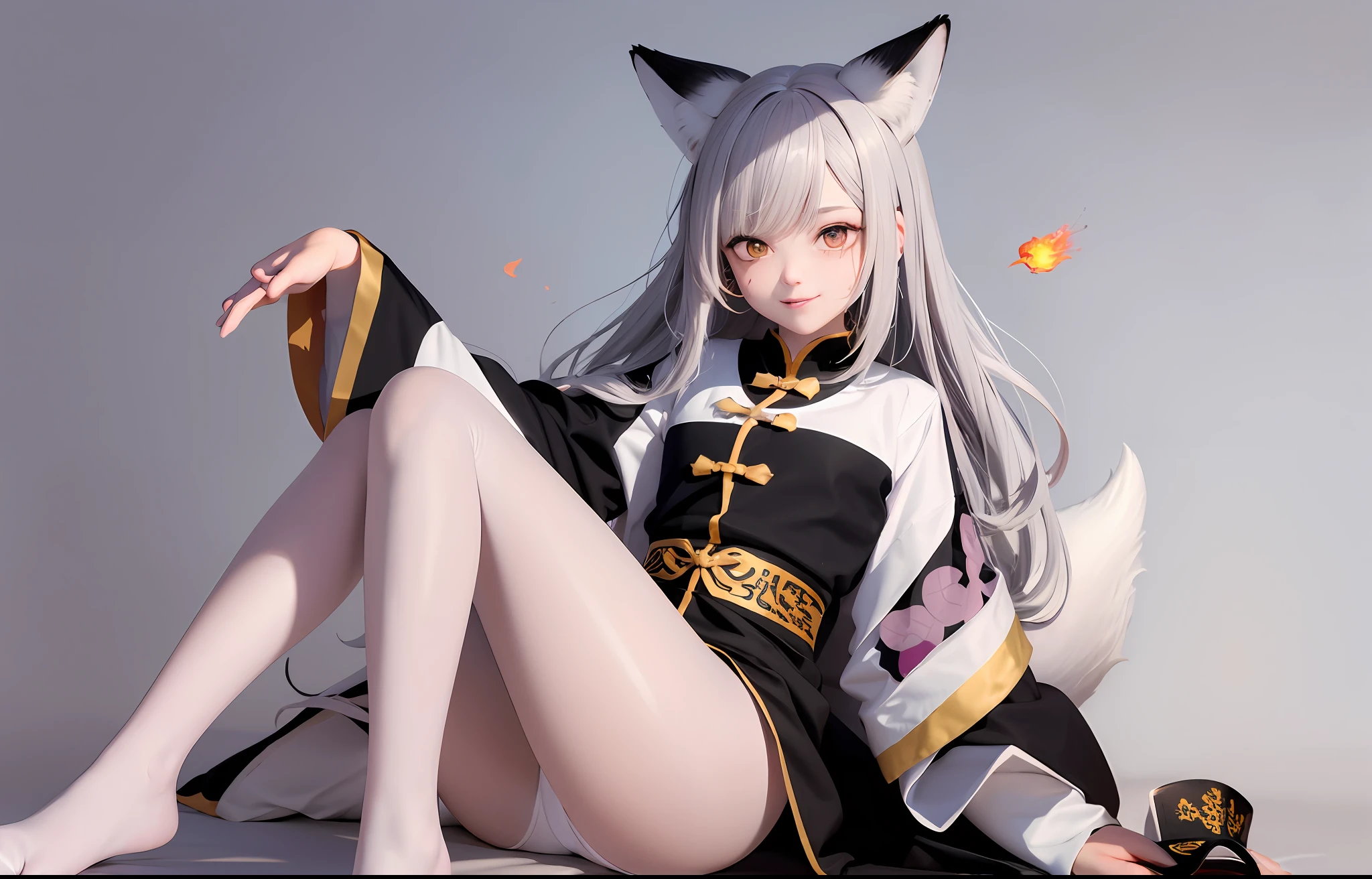 Need,tmasterpiece,Pink gradient to gray hair,Golden eyes,Look ahead,full bodyesbian,Hairline,Fair skin,Hair flying,ssmile,White tights,White knee-length socks,Beth,The hand emits flames,Titillating,White animal ears,White fox tail,Taoist uniform,Maoshan Taoist,