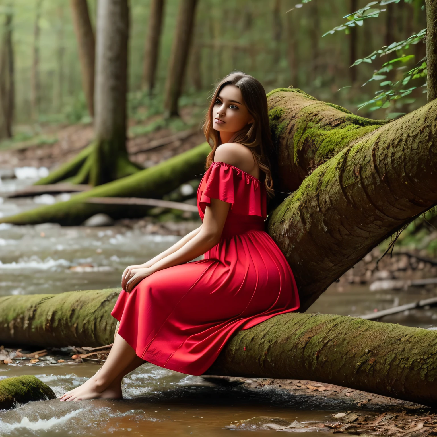 a beautiful model wearing a fashionably red dress sleeps on a tree trunk that has fallen to the forest ground. Below the tree trunk, there's a flowing stream. Taken by EOS R5,EF 85mm f/1.4L IS USM. At f/6.5. used soft light from Profoto B10 Plus 500/500 AirTTL Duo Monolight Kit, Photorealistic.